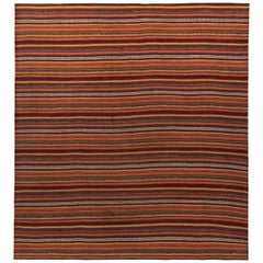 Modern Turkish Kilim Rug with Orange, Red and Beige Pencil Stripes