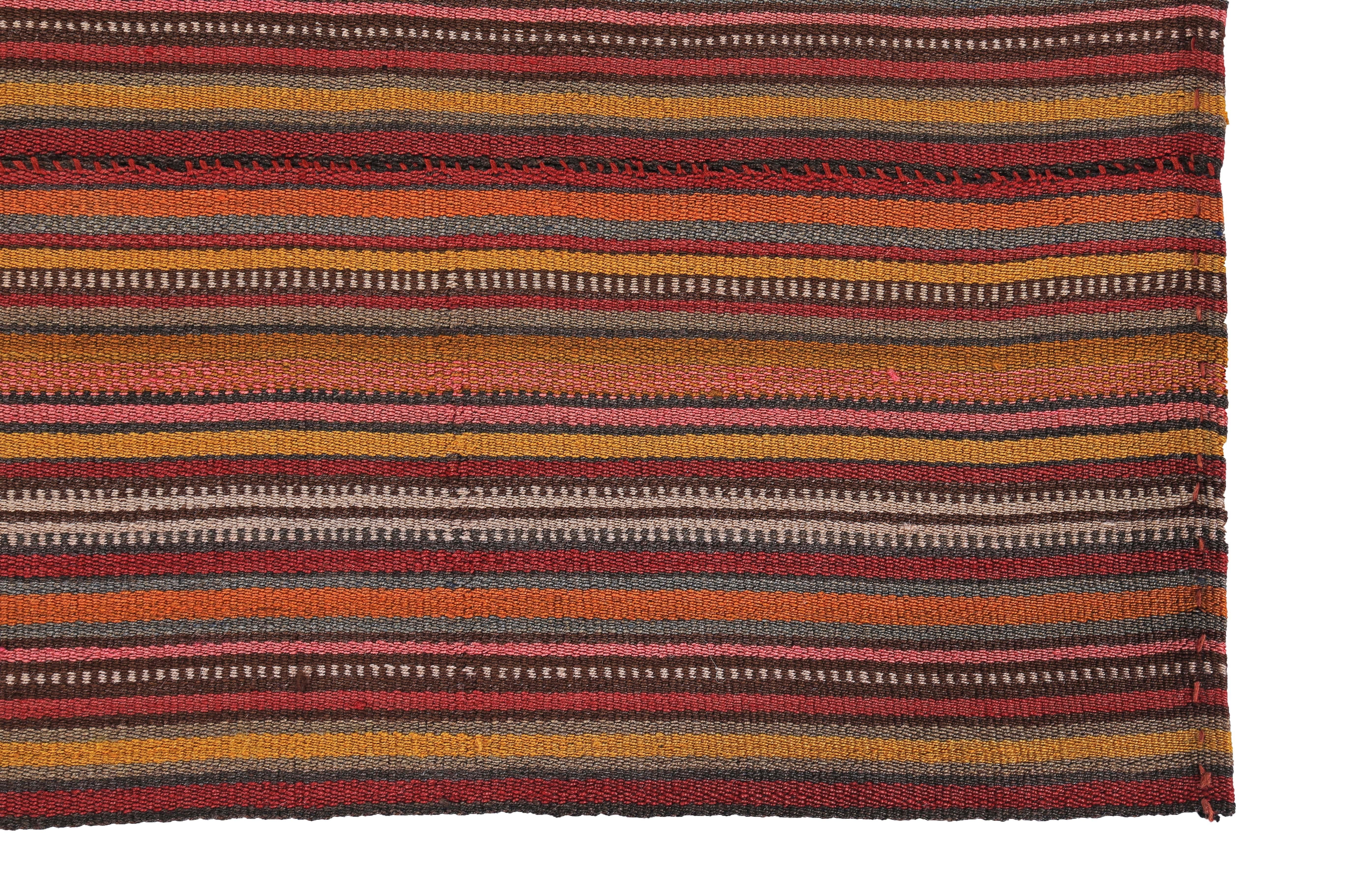 Hand-Woven Modern Turkish Kilim Rug with Orange, Red and Beige Pencil Stripes For Sale