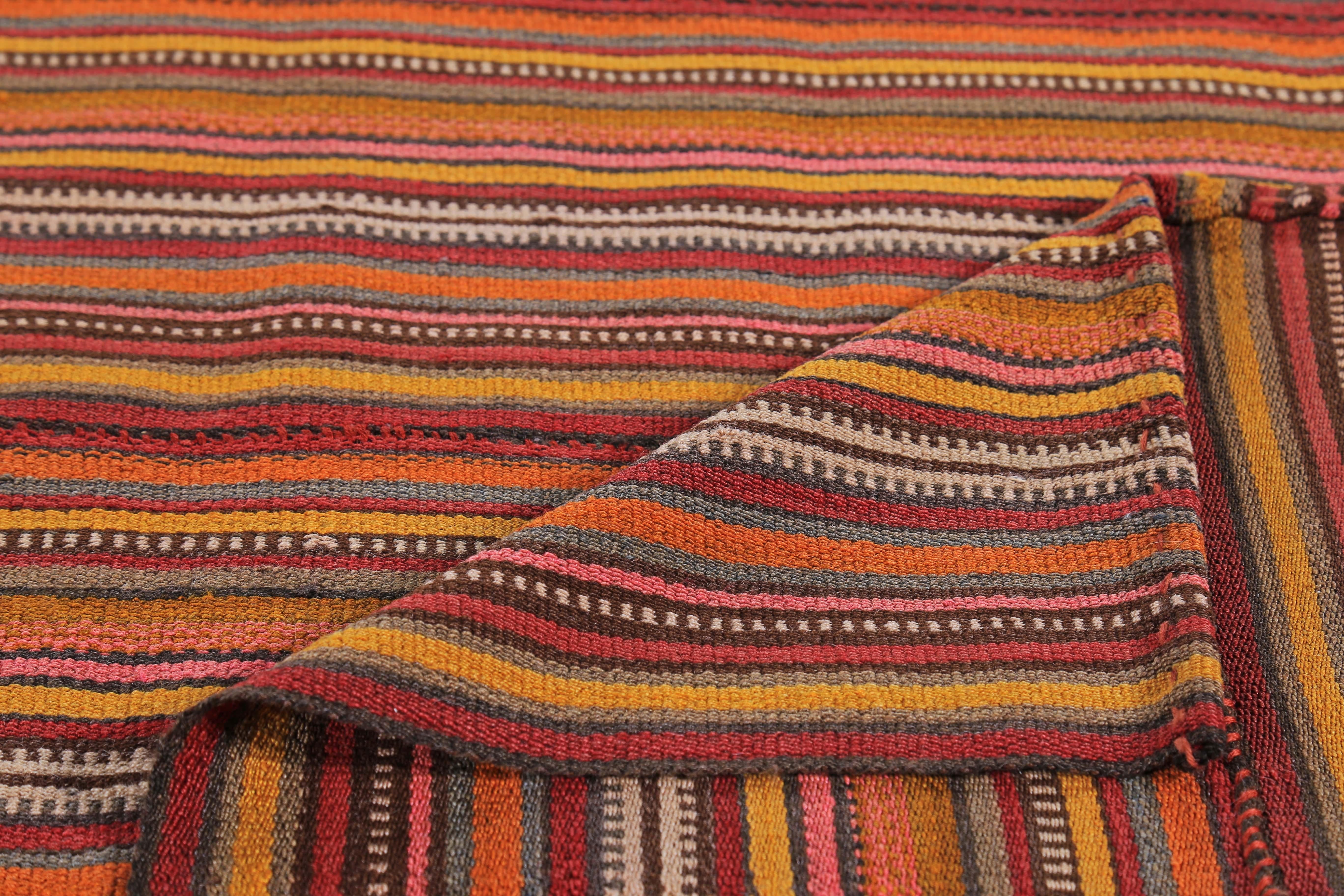 Modern Turkish Kilim Rug with Orange, Red and Beige Pencil Stripes In New Condition For Sale In Dallas, TX