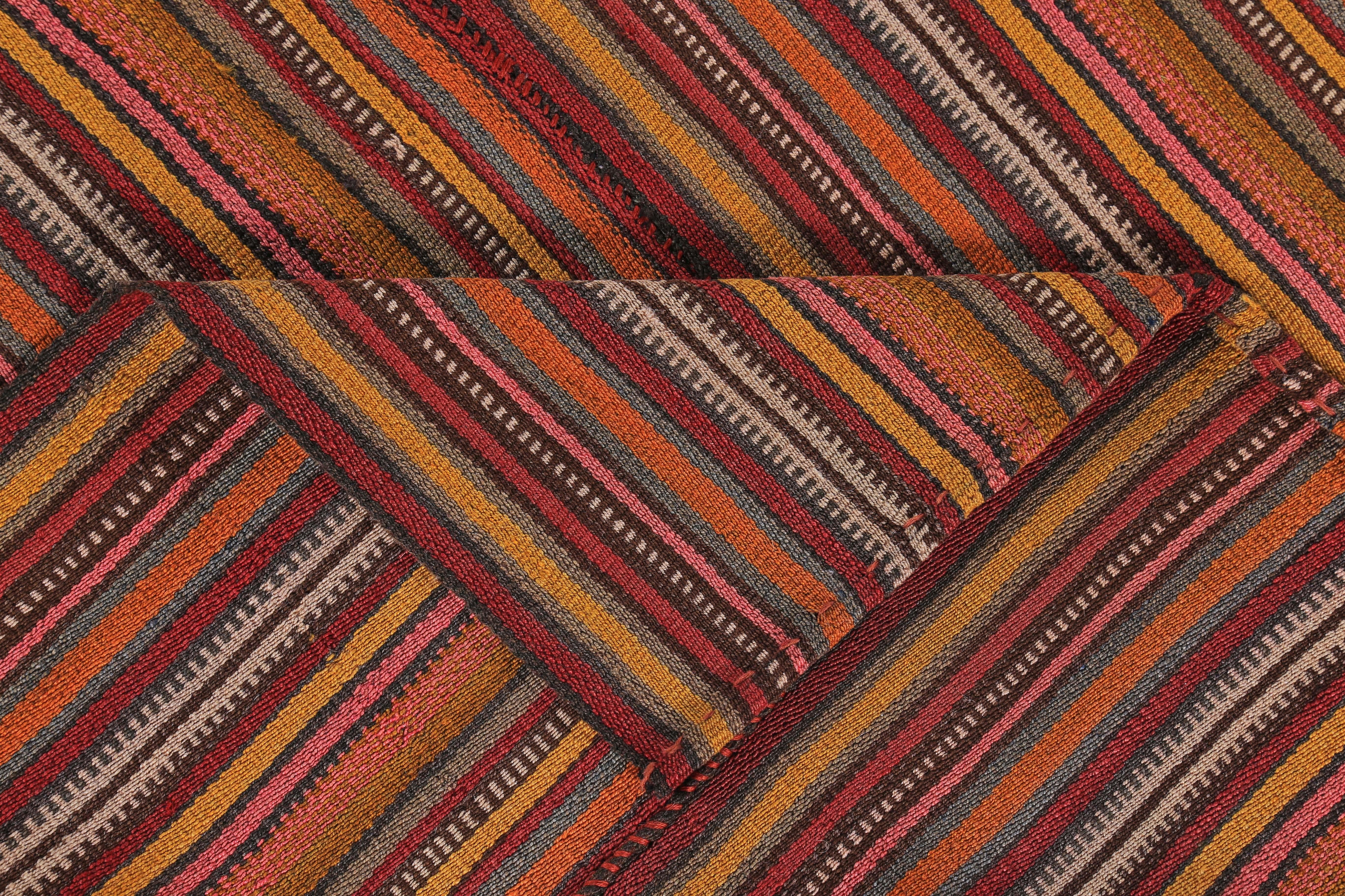 Wool Modern Turkish Kilim Rug with Orange, Red and Beige Pencil Stripes For Sale