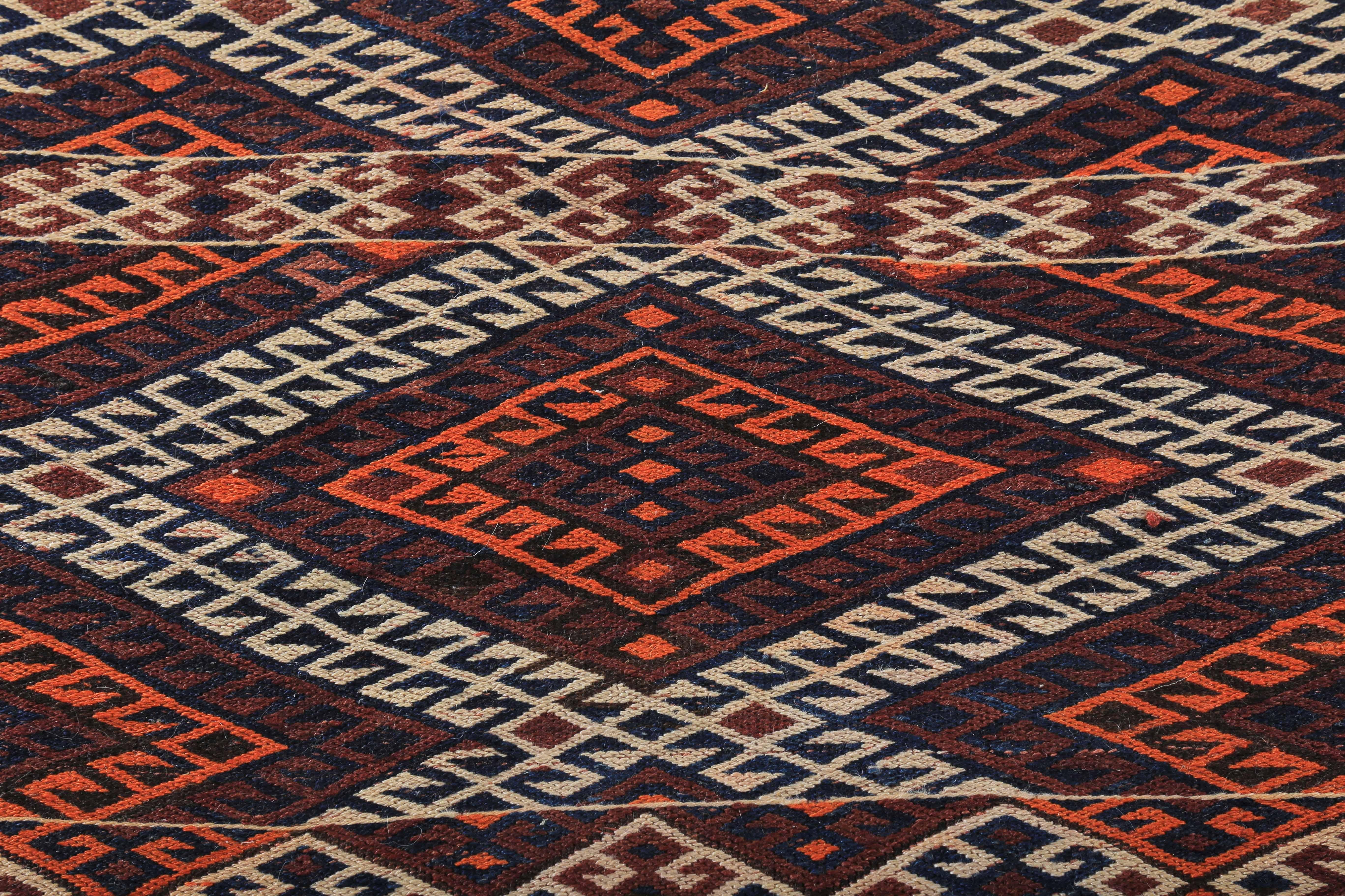 Hand-Woven Modern Turkish Kilim Rug with Orange and White Tribal Diamonds For Sale