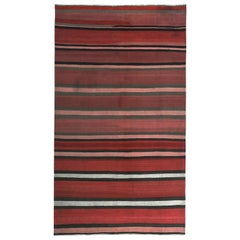 Modern Turkish Kilim Rug with Pink, Black and White Stripes in a Red Field