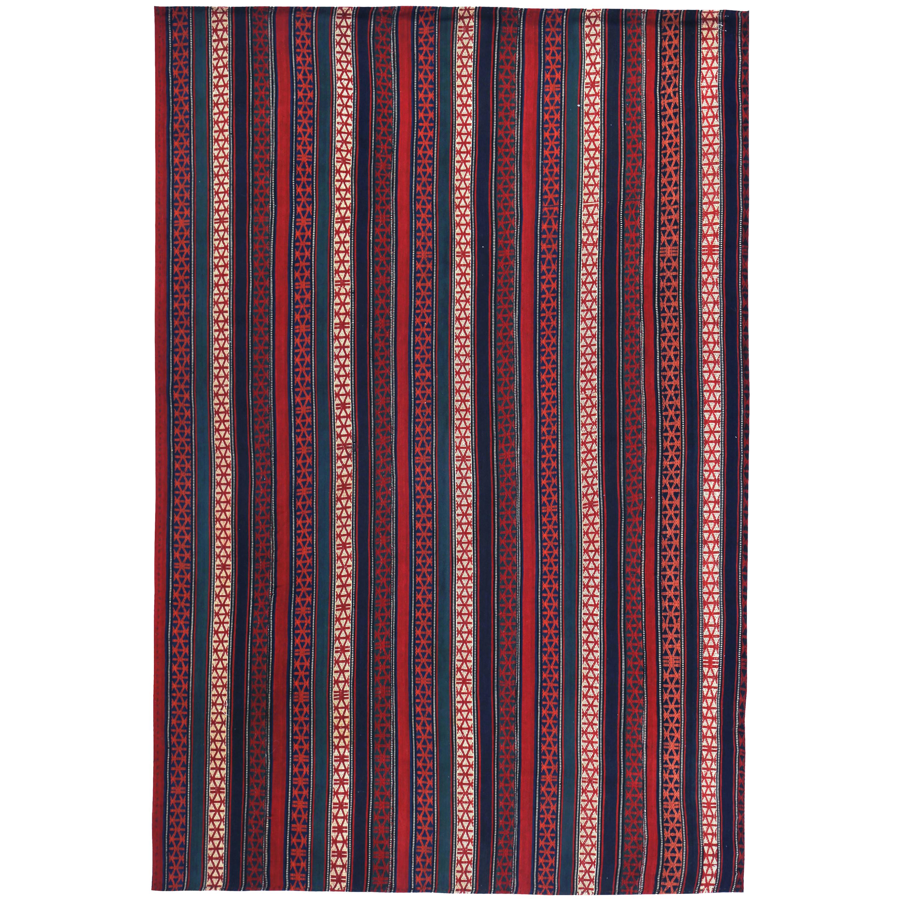 Modern Turkish Kilim Rug with Red and Blue Stripes with Tribal Design For Sale