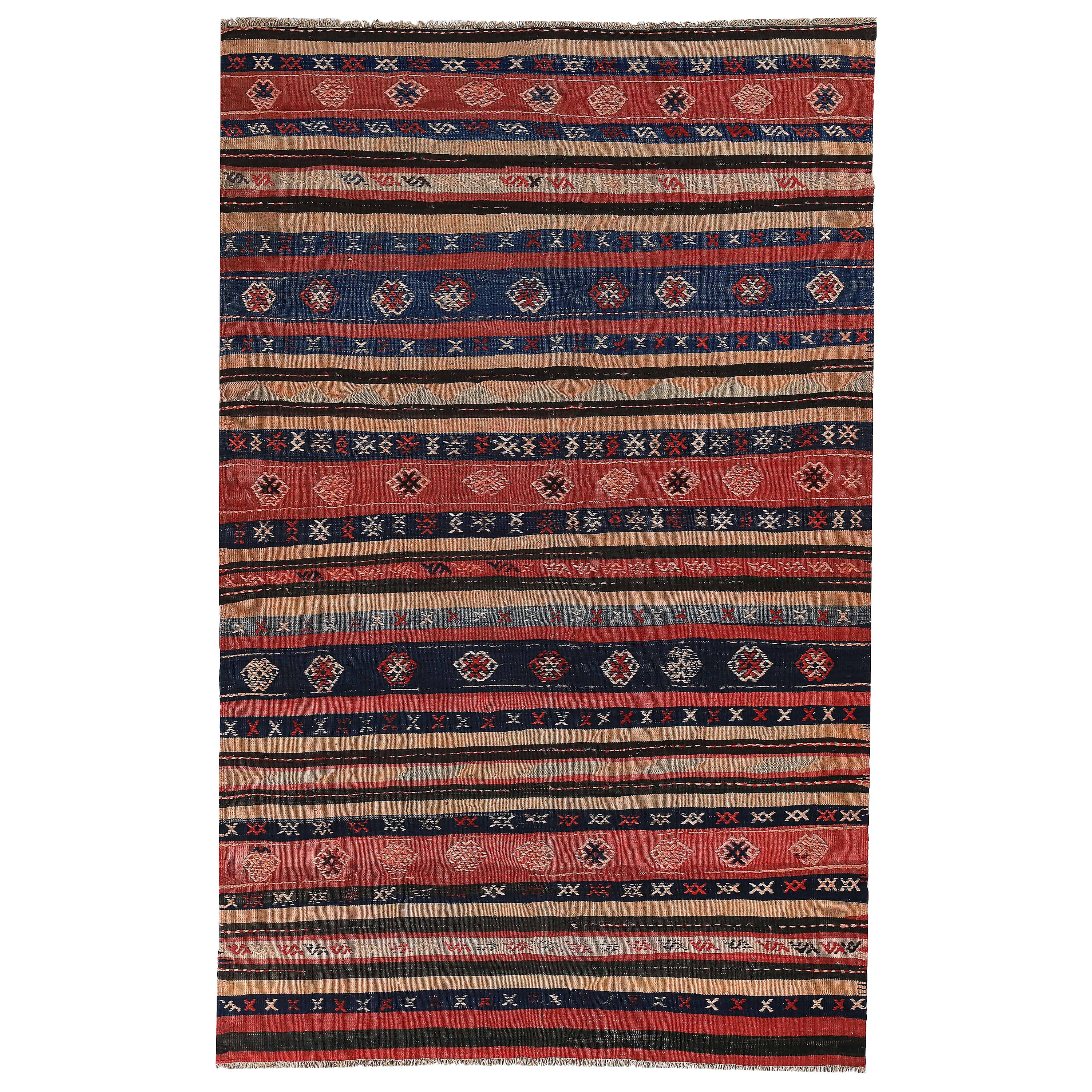 Modern Turkish Kilim Rug with Red and Navy Stripes Decorated with Tribal Details