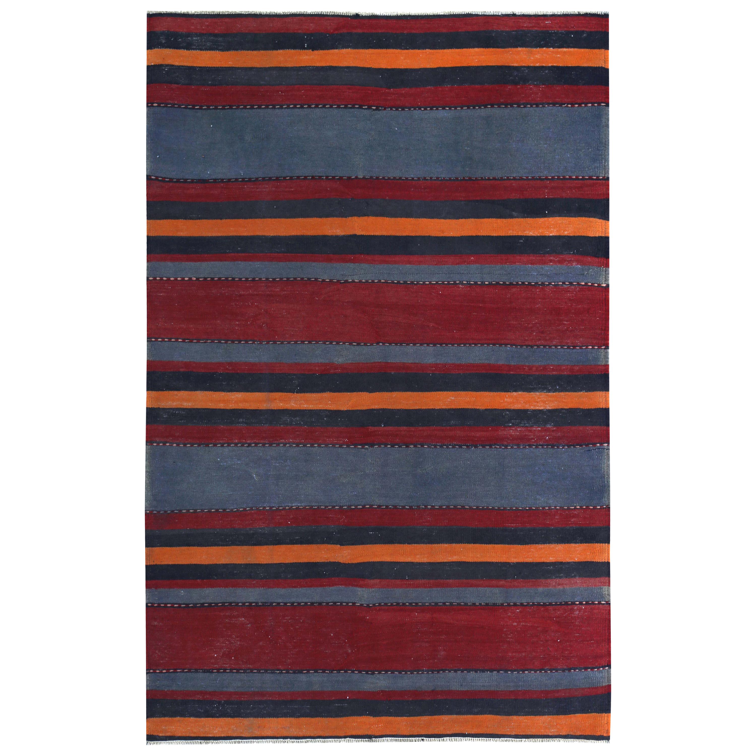 Modern Turkish Kilim Rug with Red and Orange Stripes in Navy Field