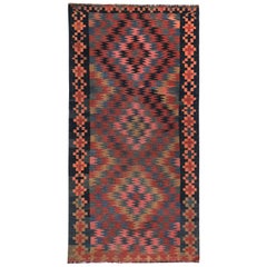 Modern Turkish Kilim Rug with Red and Pink Tribal Design in Black Field