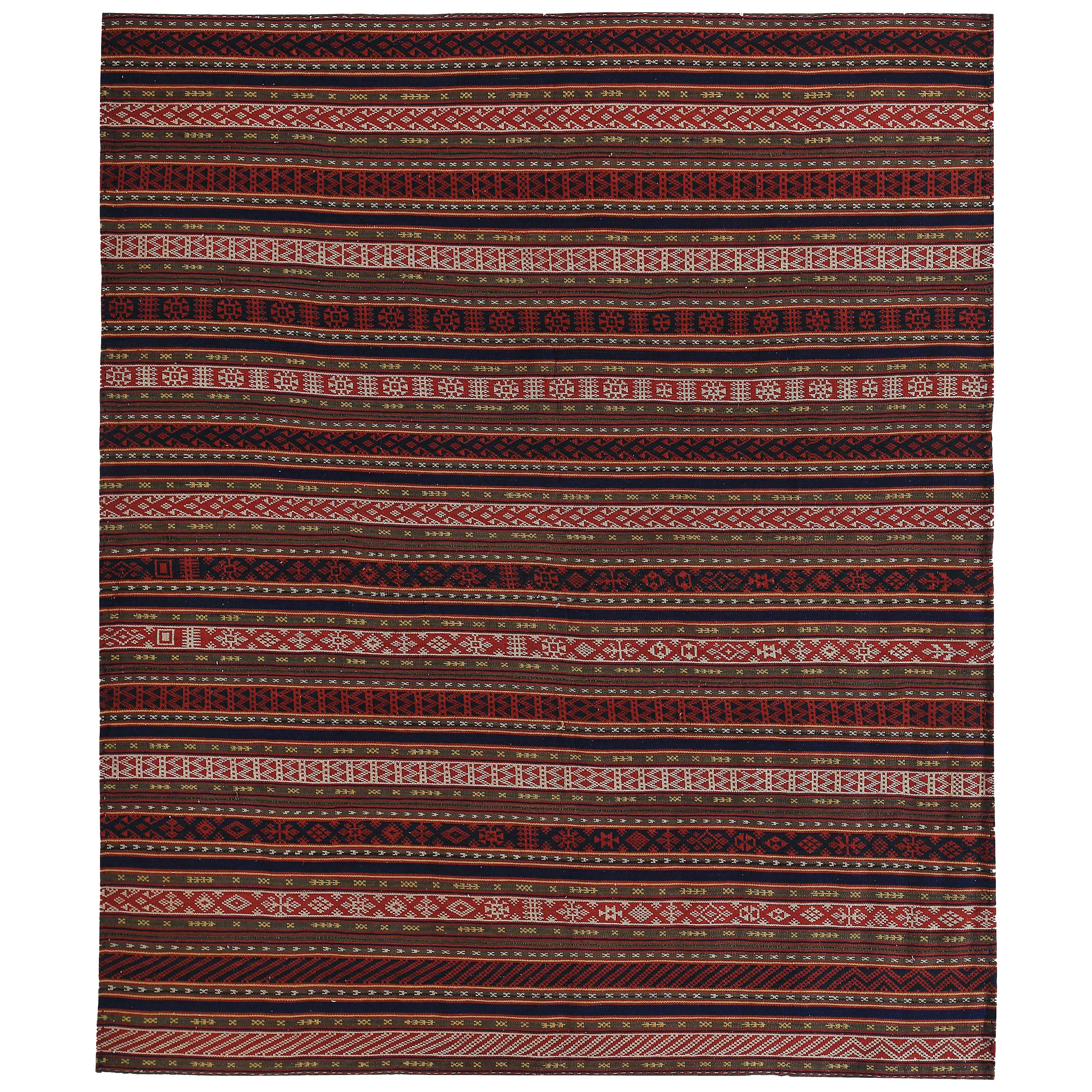 Modern Turkish Kilim Rug with Red and White Tribal Details on Striped Field