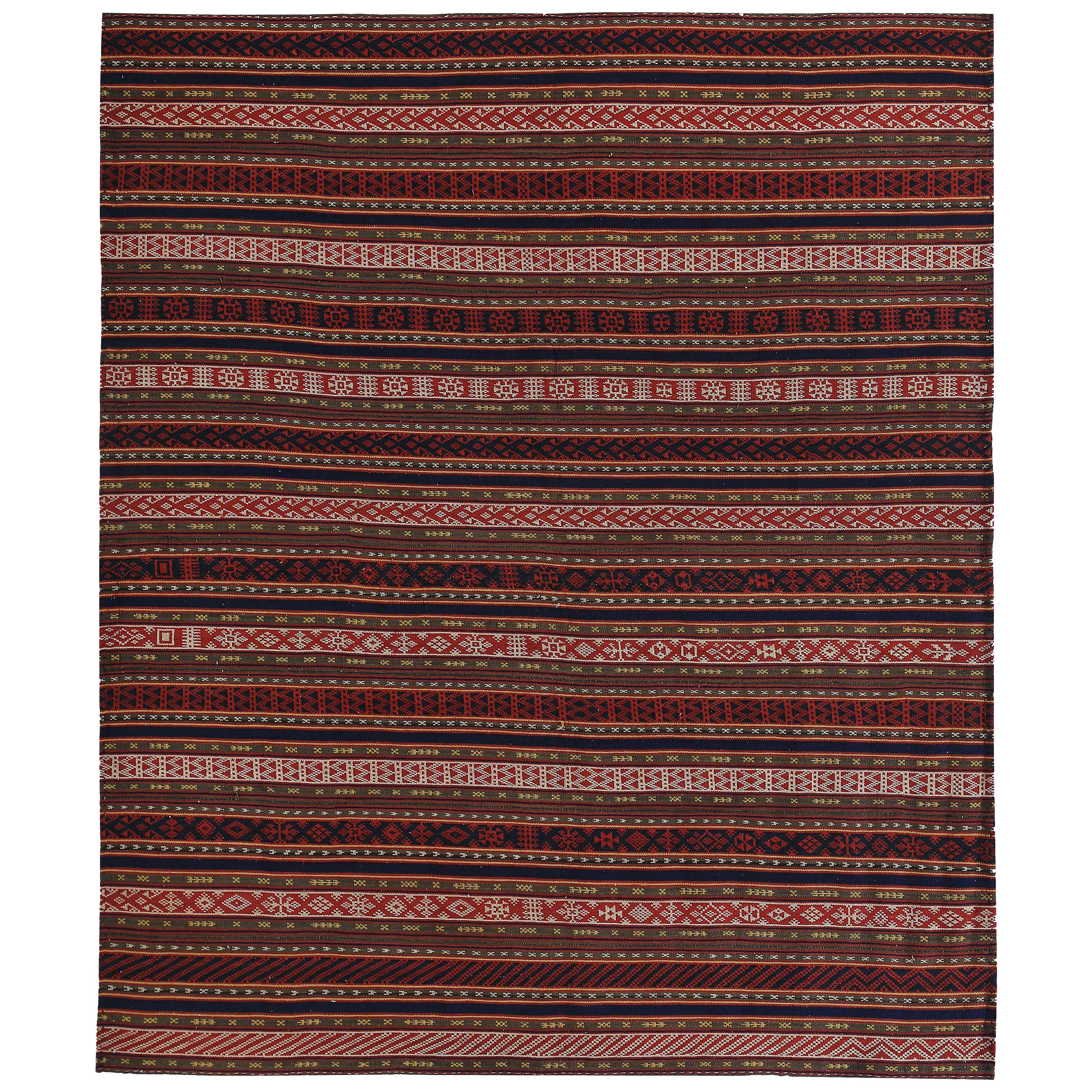 Modern Turkish Kilim Rug with Red and White Tribal Details on Striped Field