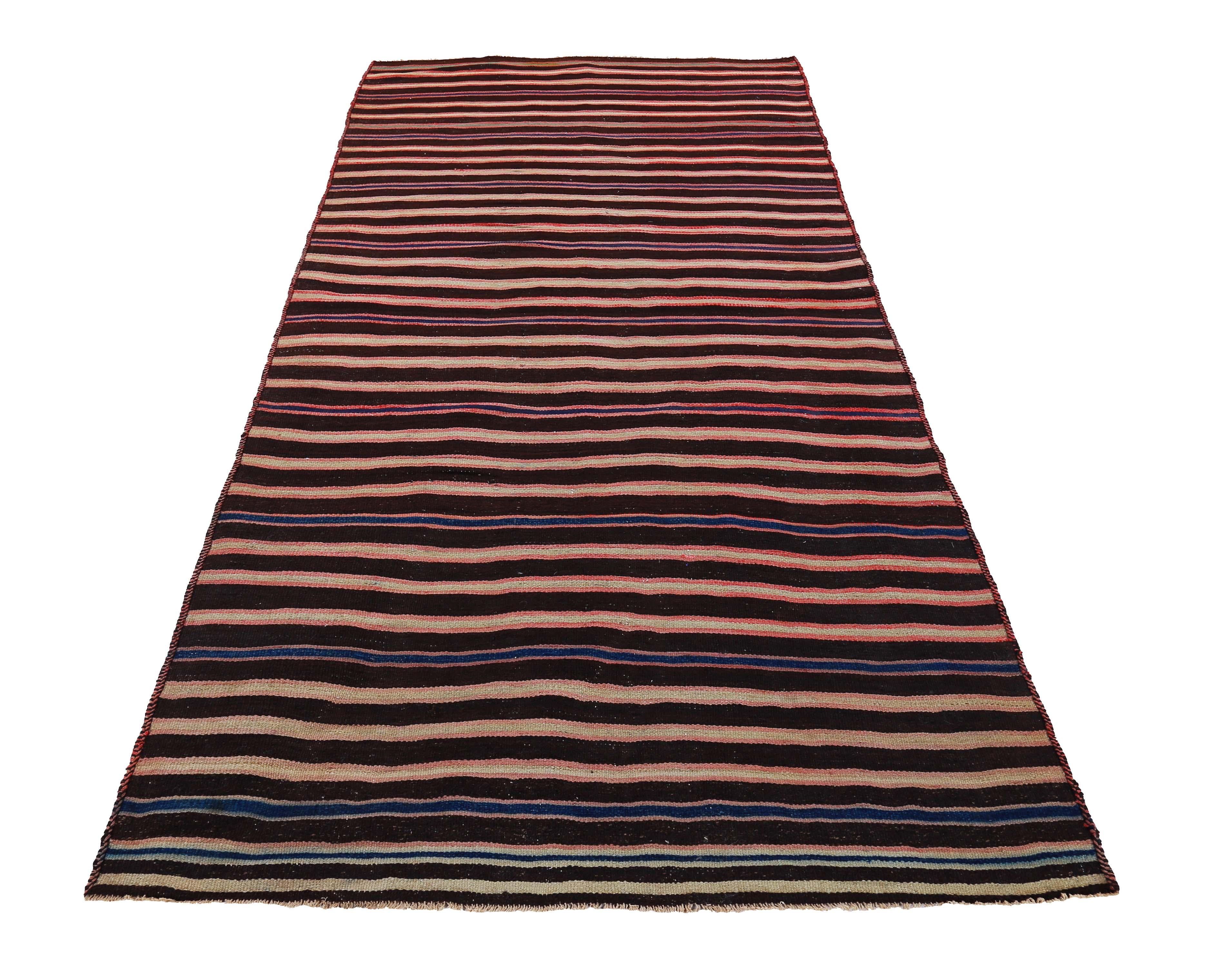 Turkish rug handwoven from the finest sheep’s wool and colored with all-natural vegetable dyes that are safe for humans and pets. It’s a traditional Kilim flat-weave design featuring red, beige and blue tribal stripes. It’s a stunning piece to get