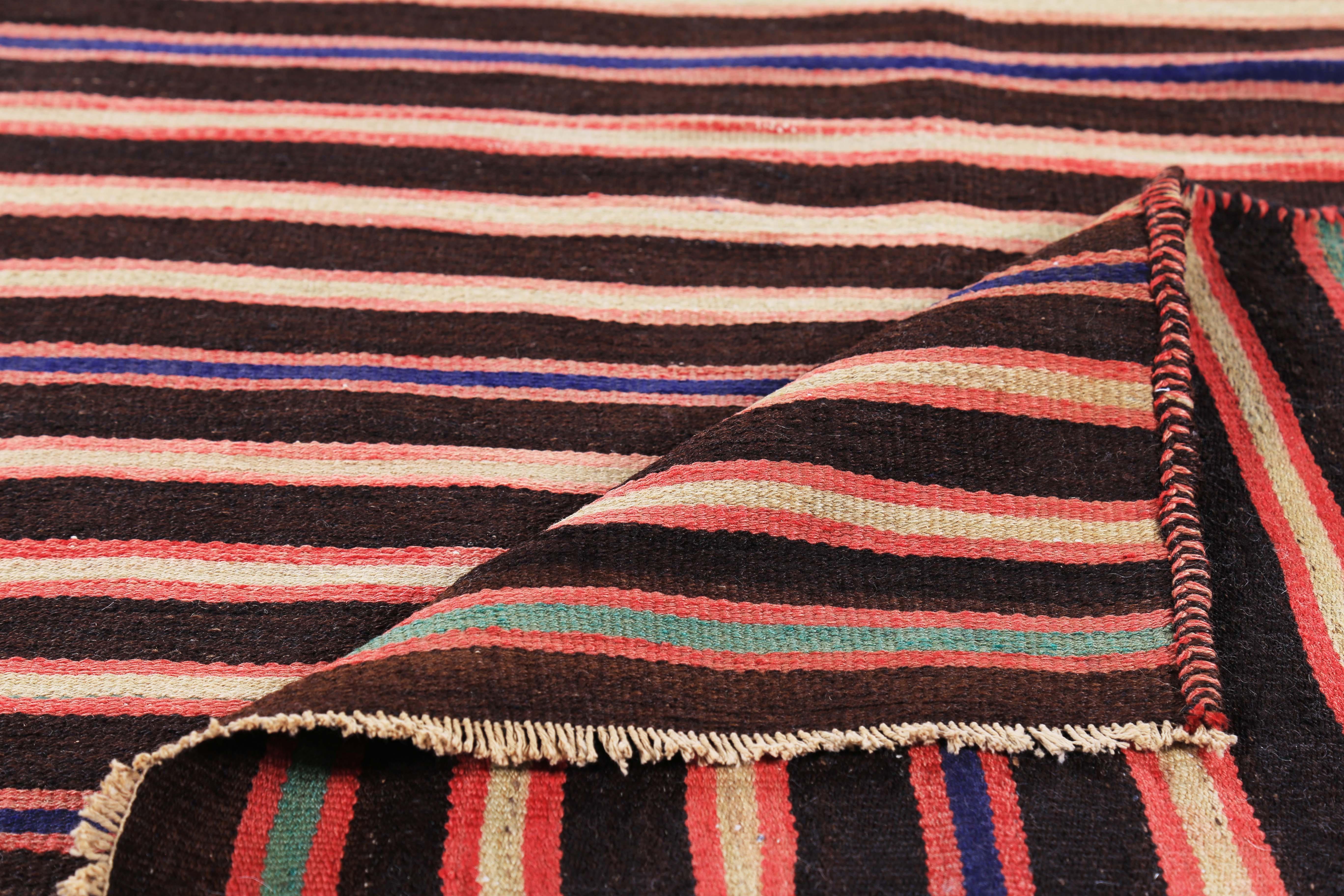 Contemporary Modern Turkish Kilim Rug with Red, Beige and Blue Pencil Stripes For Sale