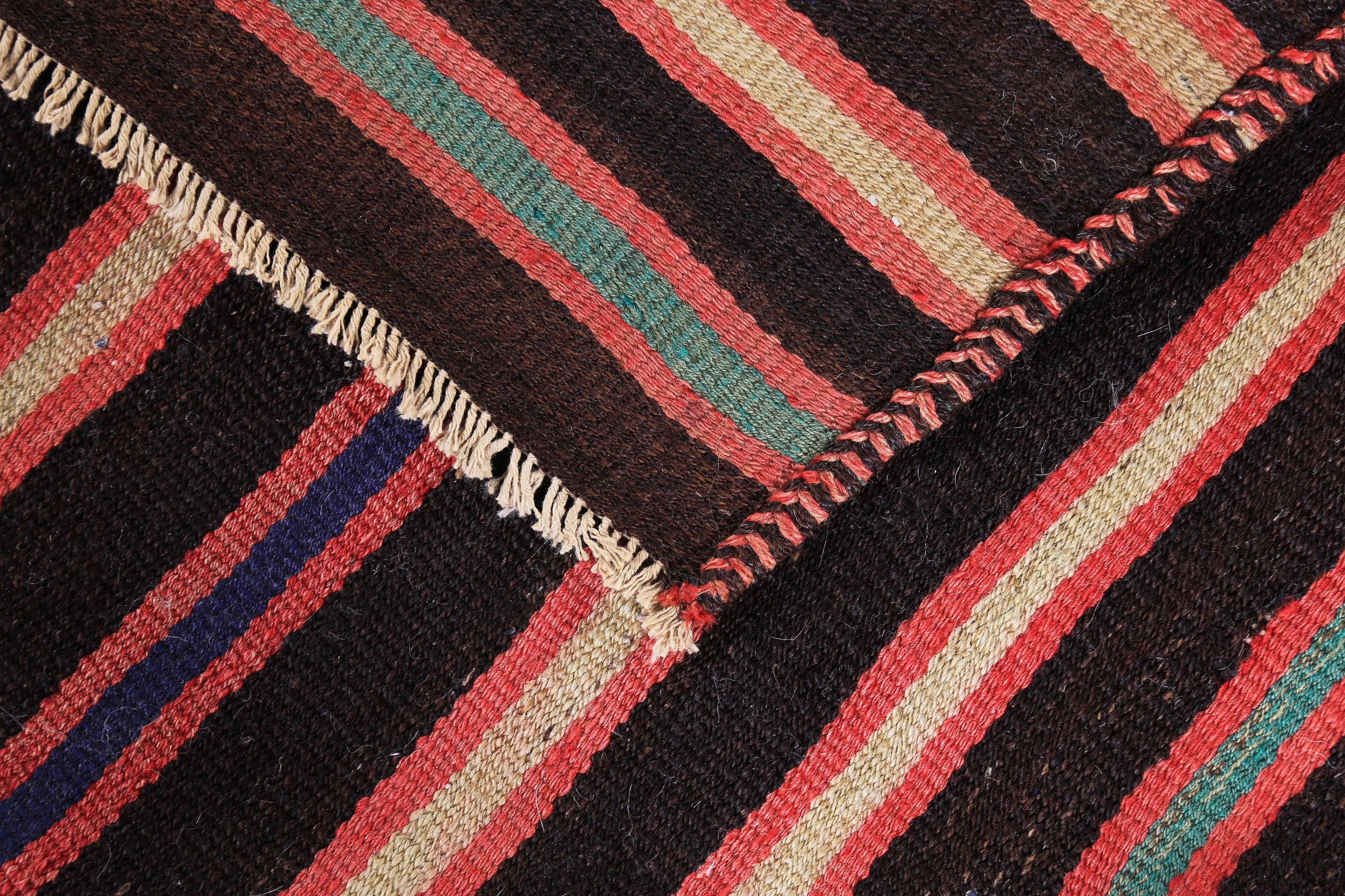 Wool Modern Turkish Kilim Rug with Red, Beige and Blue Pencil Stripes For Sale
