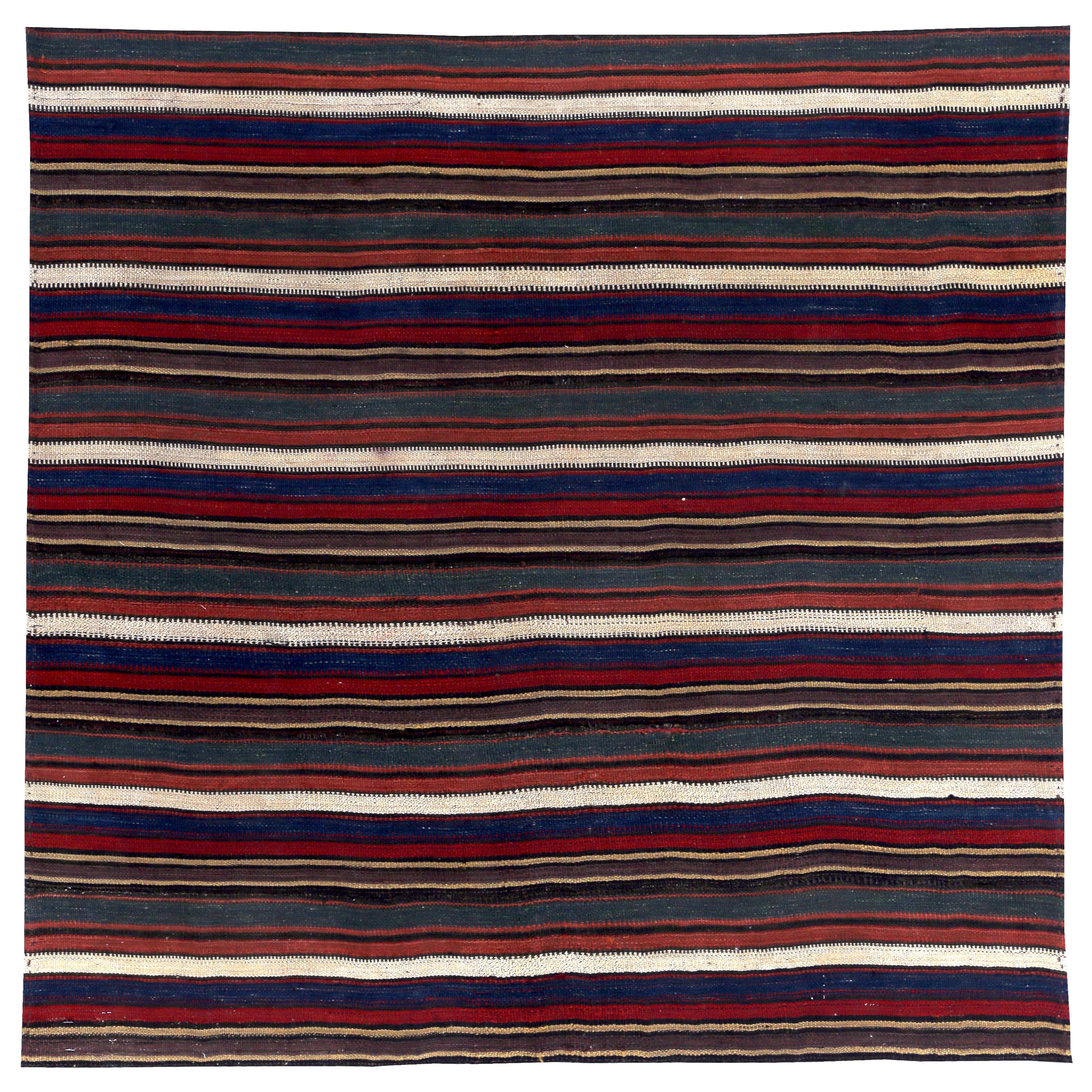 Modern Turkish Kilim Rug with Red, Blue and Beige Stripes