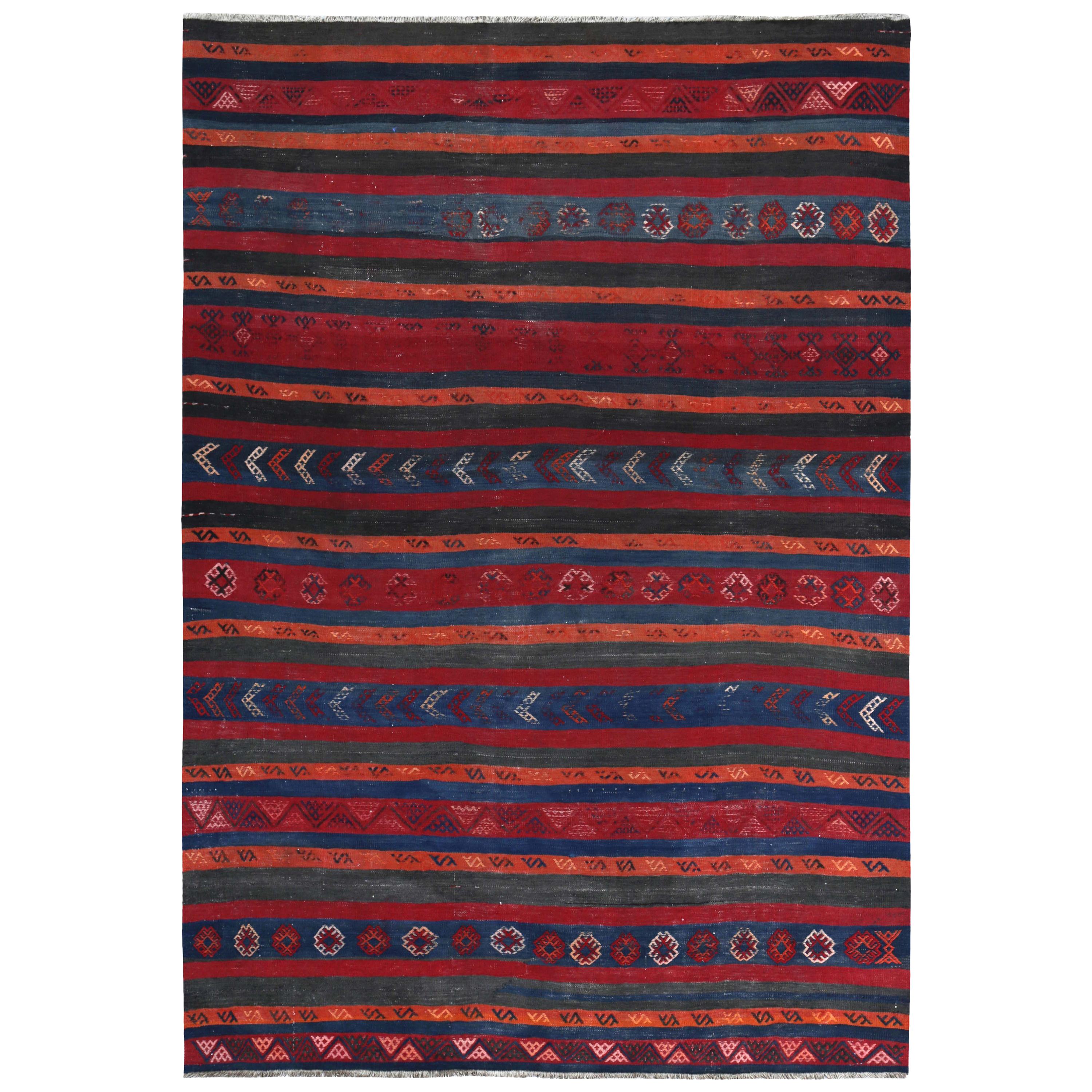 Modern Turkish Kilim Rug with Red, Blue and Orange Stripes with Tribal Design For Sale