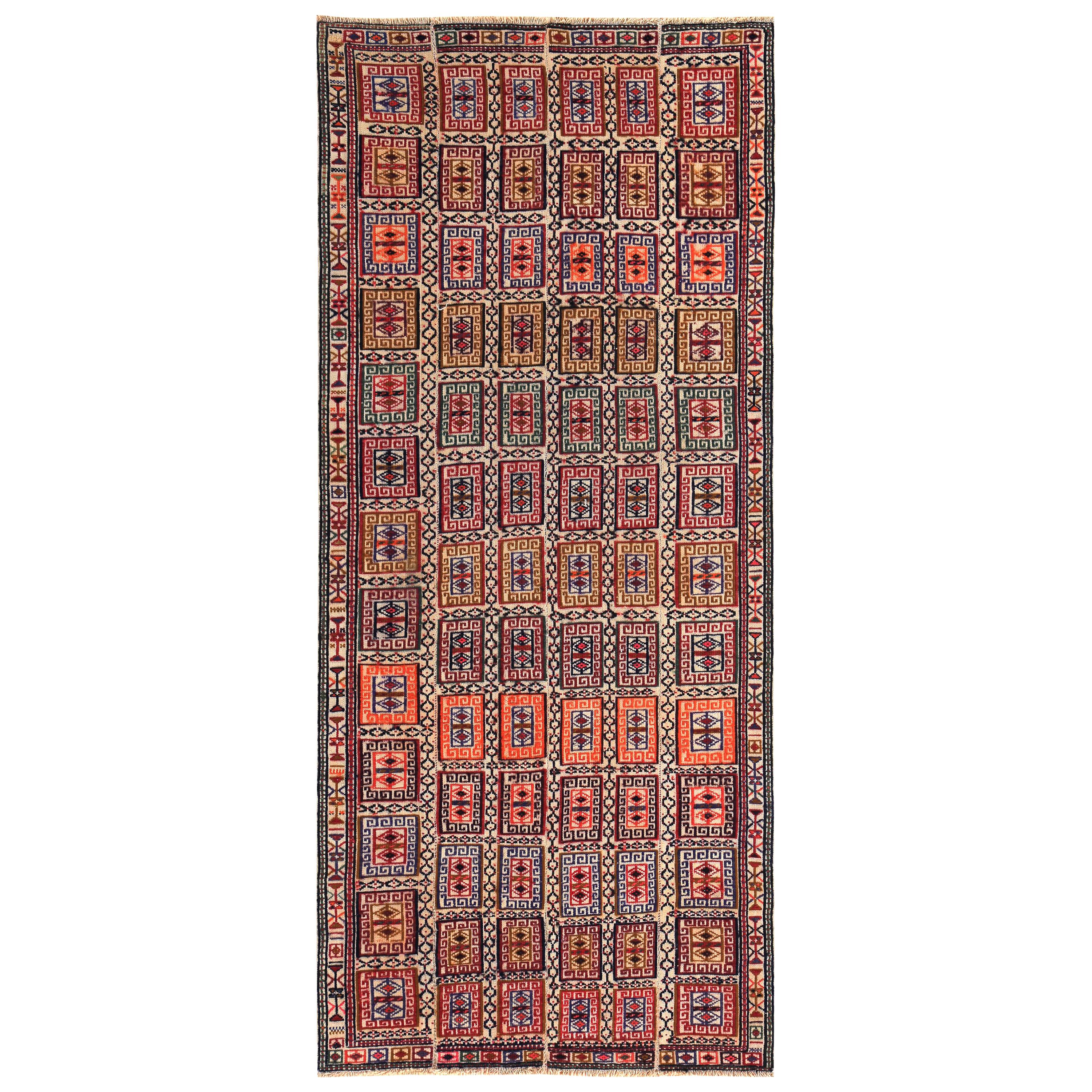 Modern Turkish Kilim Rug with Red, Blue and Orange Tribal Blocks on Beige Field For Sale