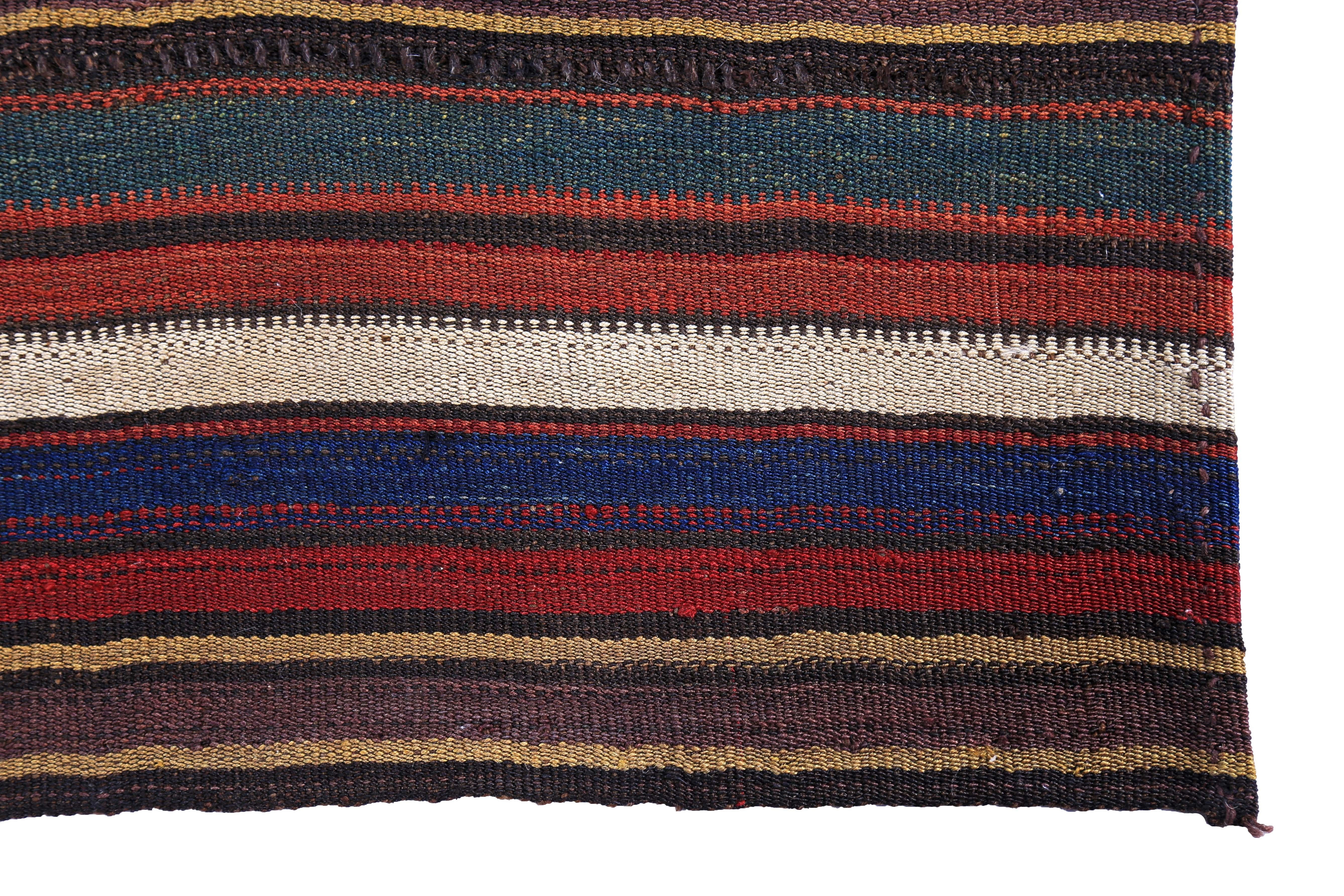Hand-Woven Modern Turkish Kilim Rug with Red, Blue and Beige Stripes For Sale