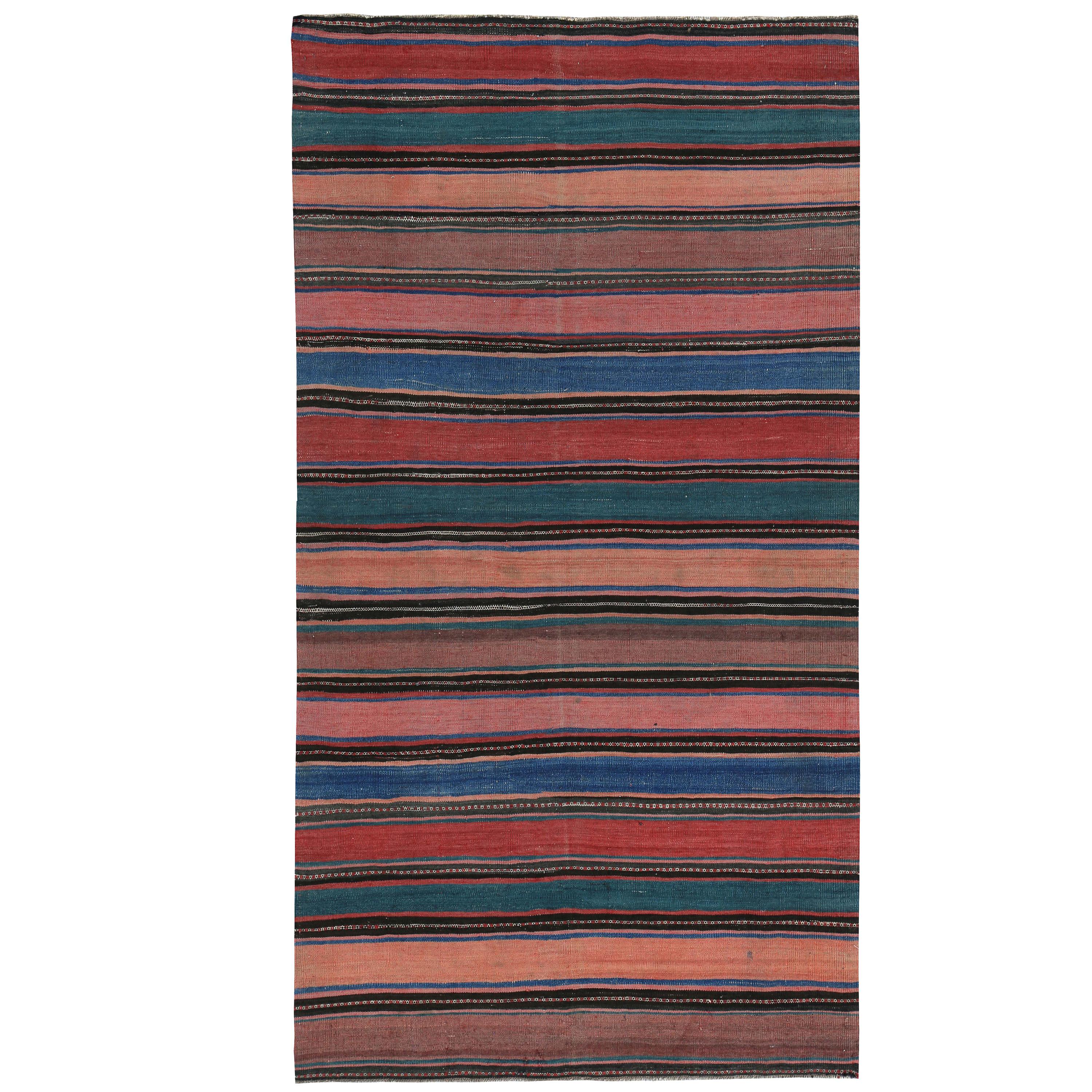 Modern Turkish Kilim Rug with Red, Blue and Beige Stripes For Sale