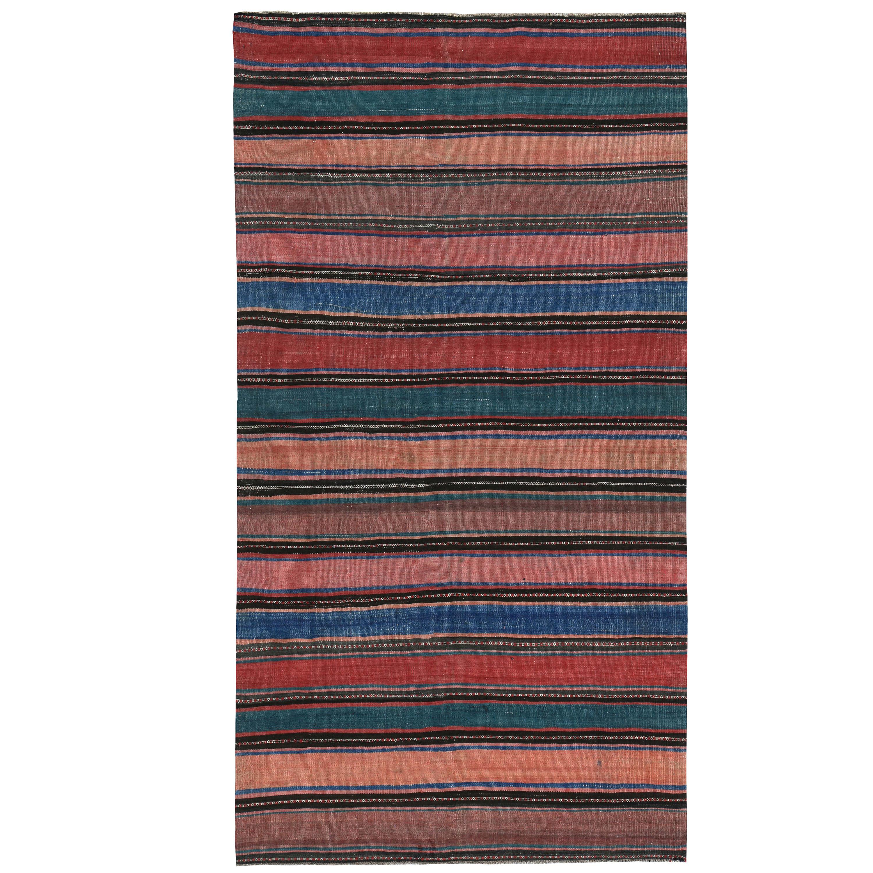 Modern Turkish Kilim Rug with Red, Blue and Beige Stripes