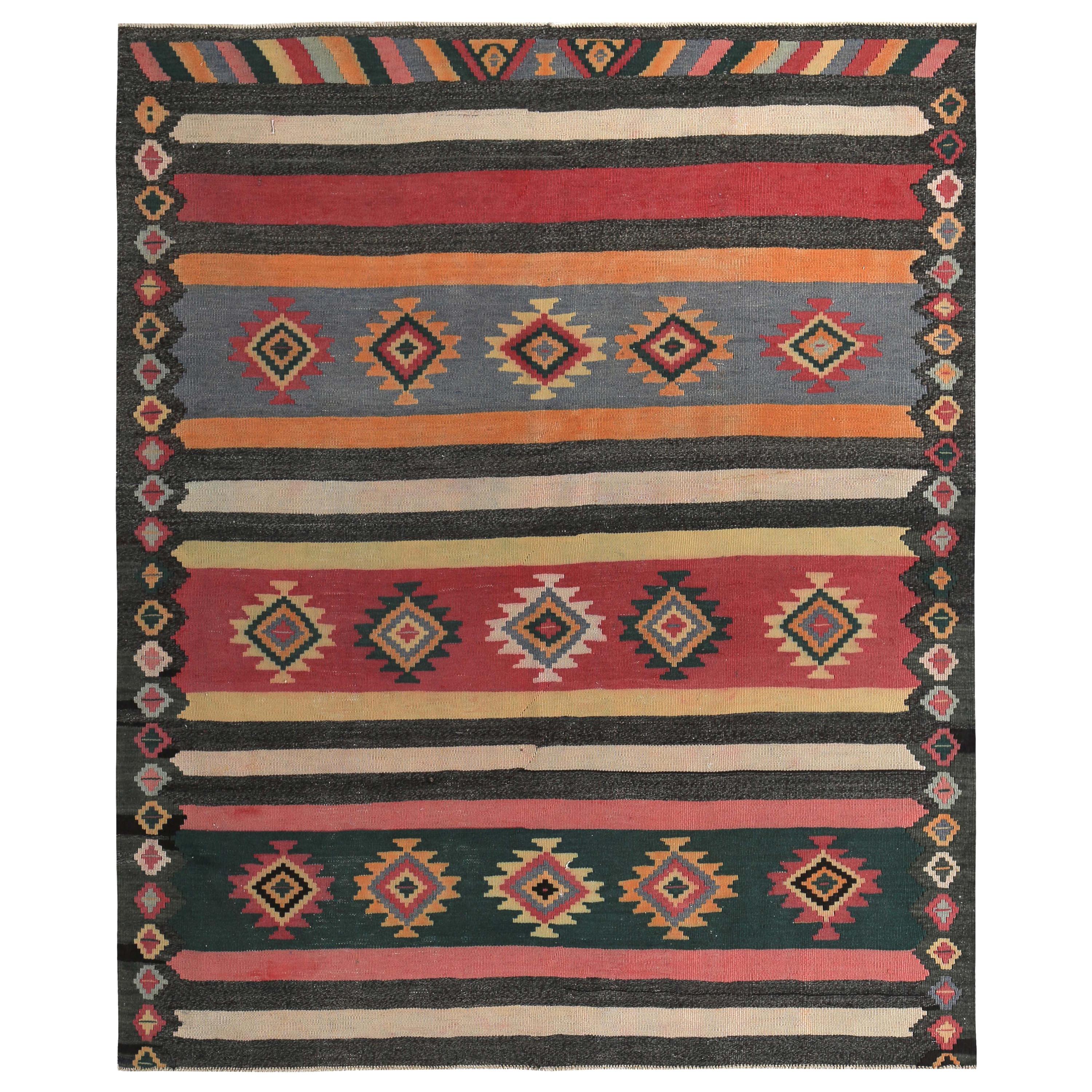 Modern Turkish Kilim Rug with Red, Blue, Brown and Orange with Tribal Diamonds For Sale