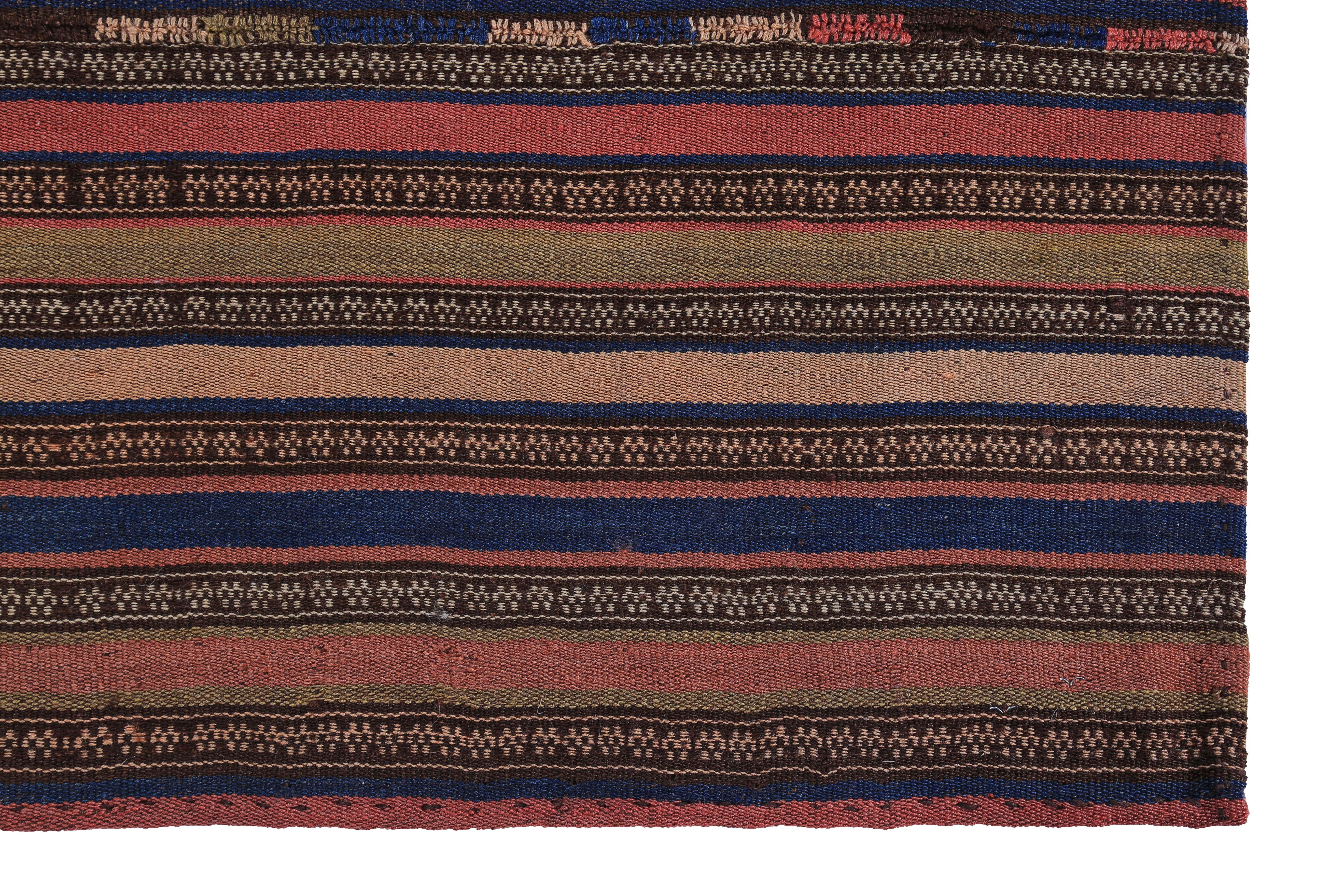 Hand-Woven Modern Turkish Kilim Rug with Red, Blue, Brown and Orange Stripes For Sale