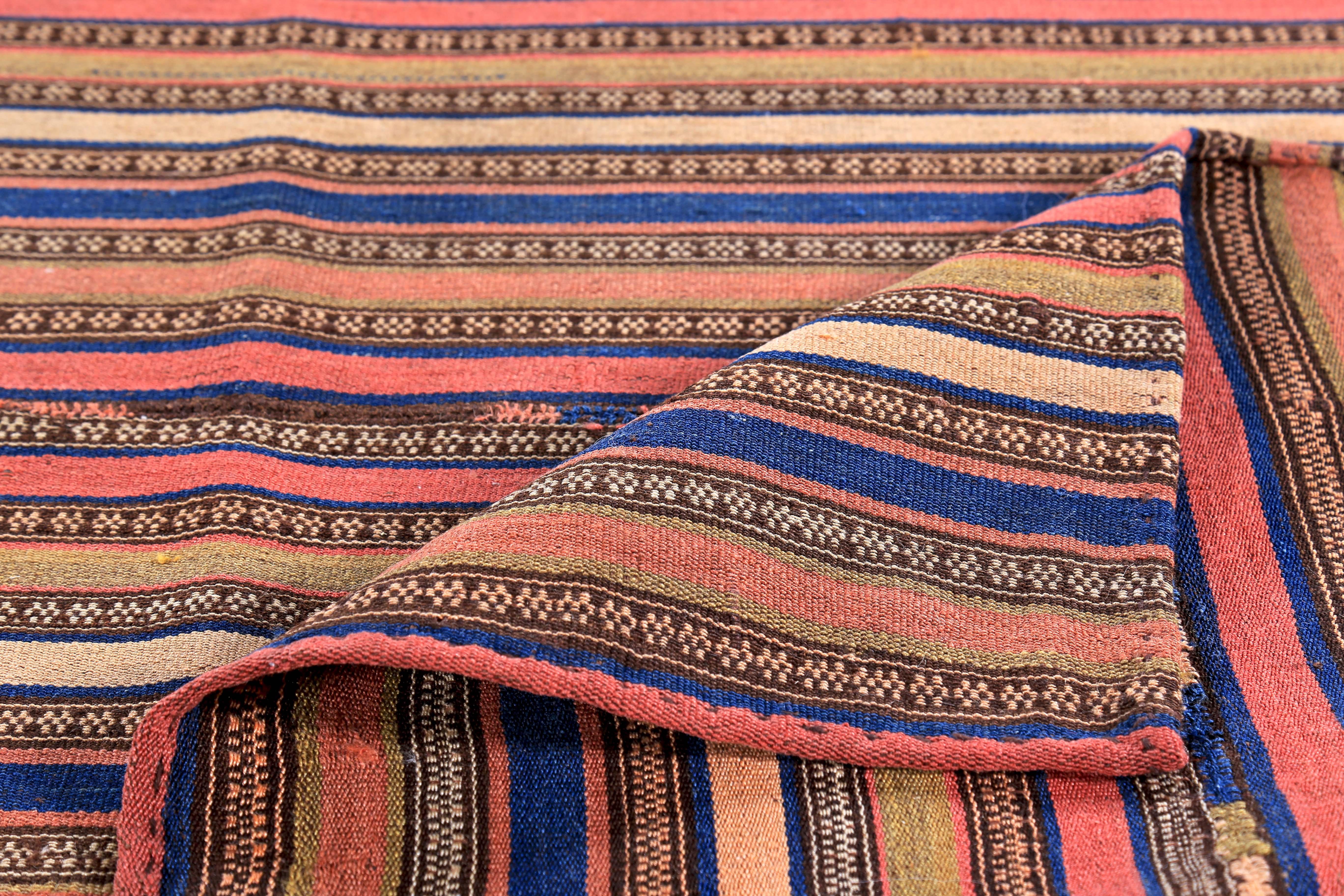 Modern Turkish Kilim Rug with Red, Blue, Brown and Orange Stripes In New Condition For Sale In Dallas, TX