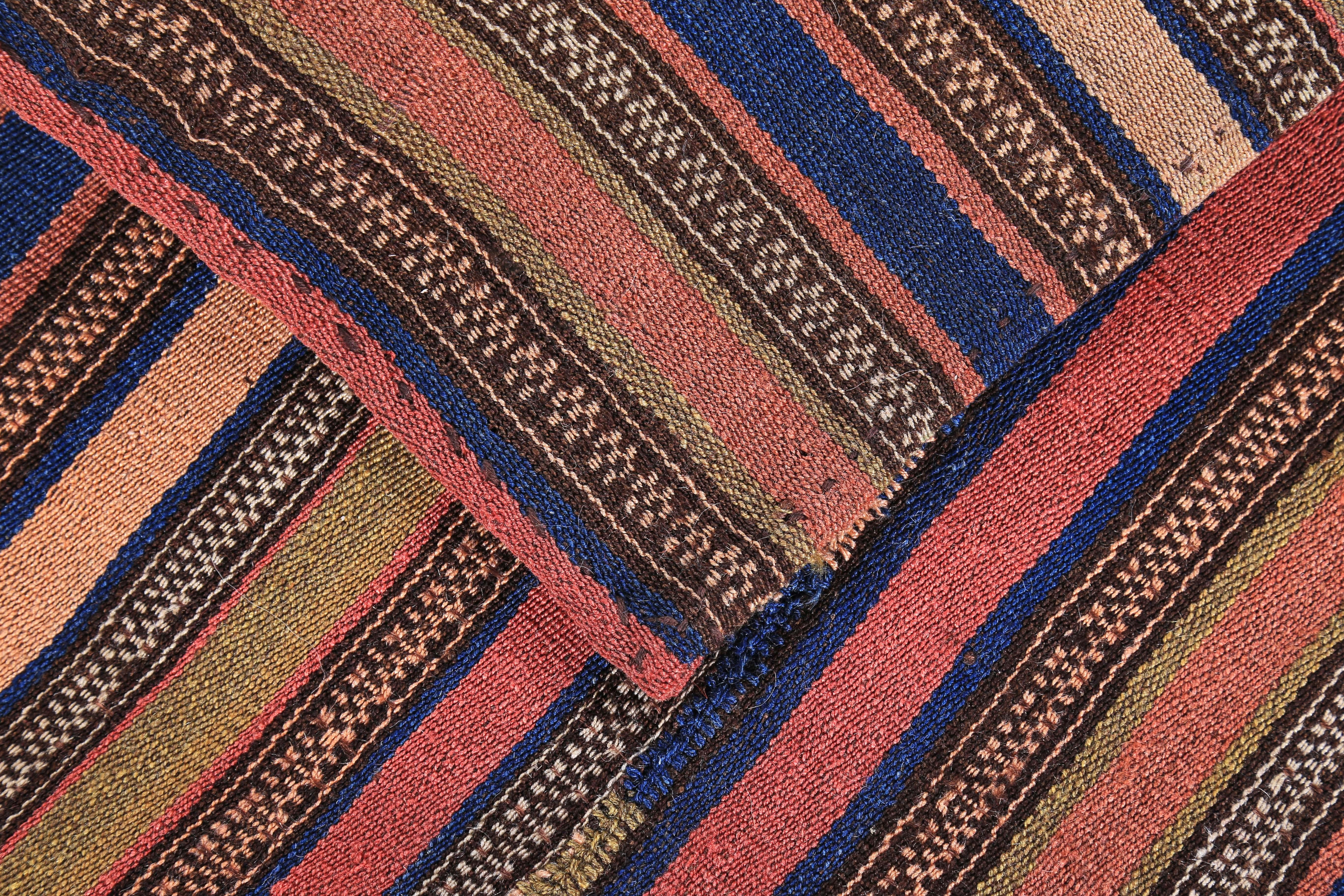 Contemporary Modern Turkish Kilim Rug with Red, Blue, Brown and Orange Stripes For Sale