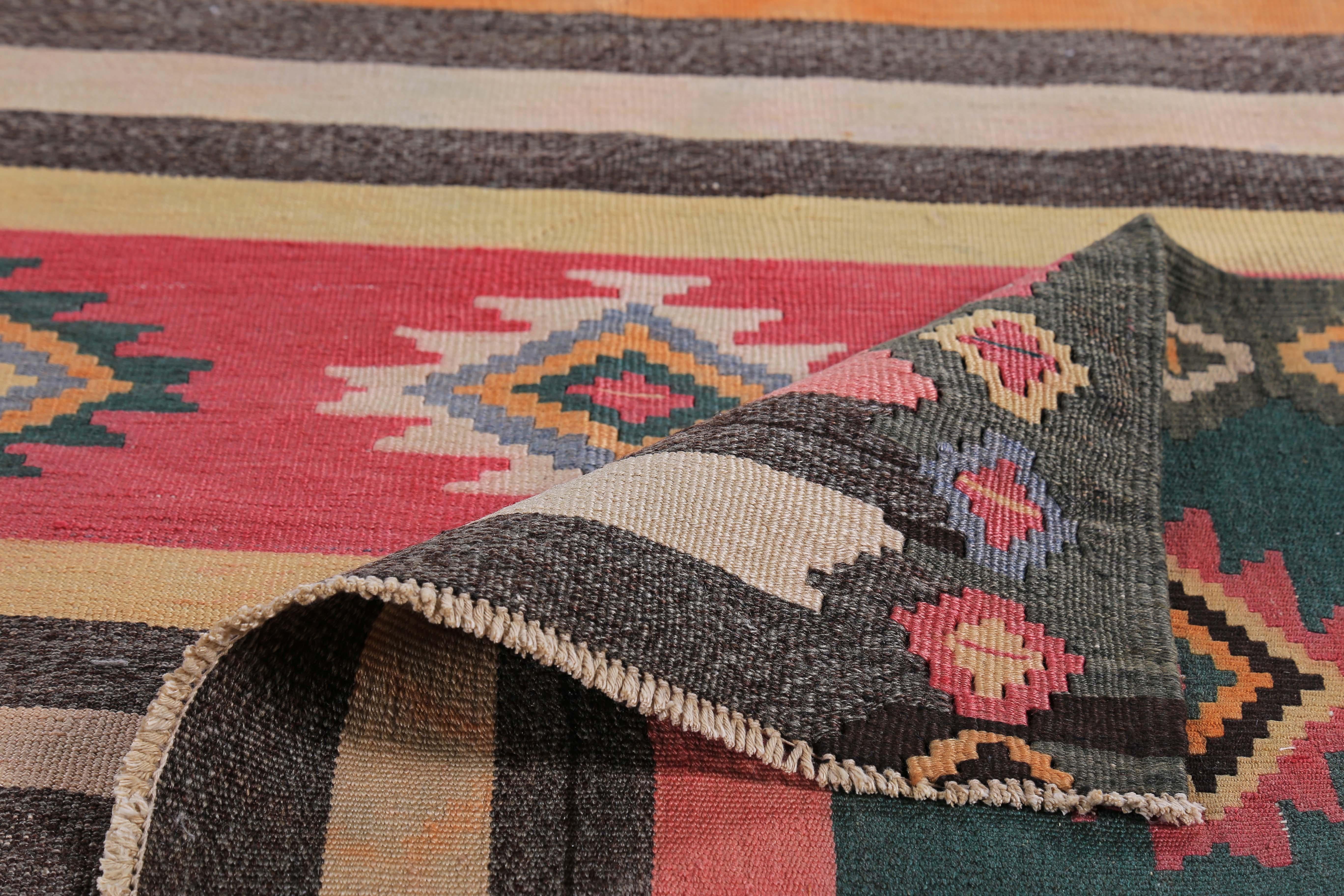 Hand-Woven Modern Turkish Kilim Rug with Red, Blue, Brown and Orange with Tribal Diamonds For Sale