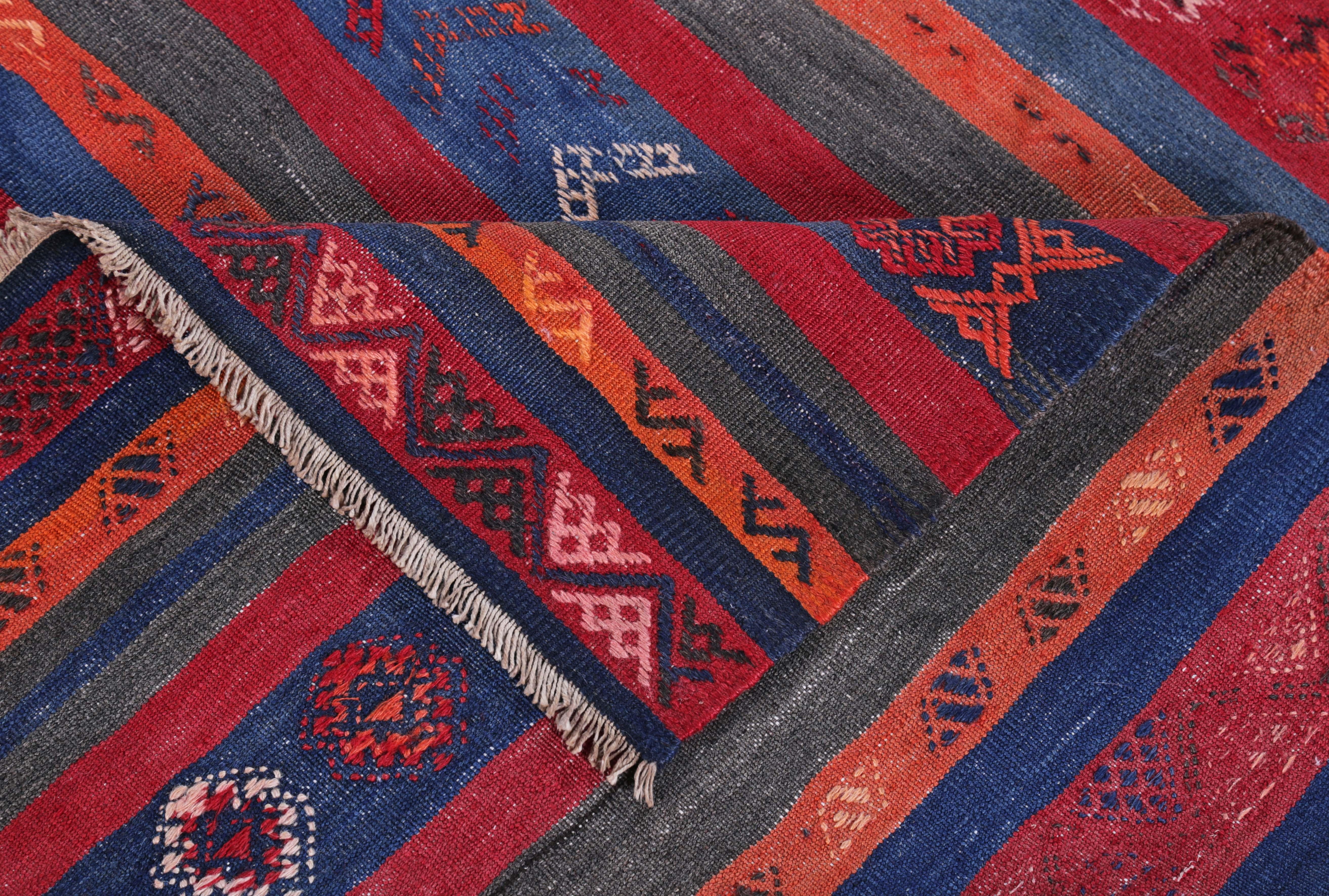 Hand-Woven Modern Turkish Kilim Rug with Red, Blue and Orange Stripes with Tribal Design For Sale