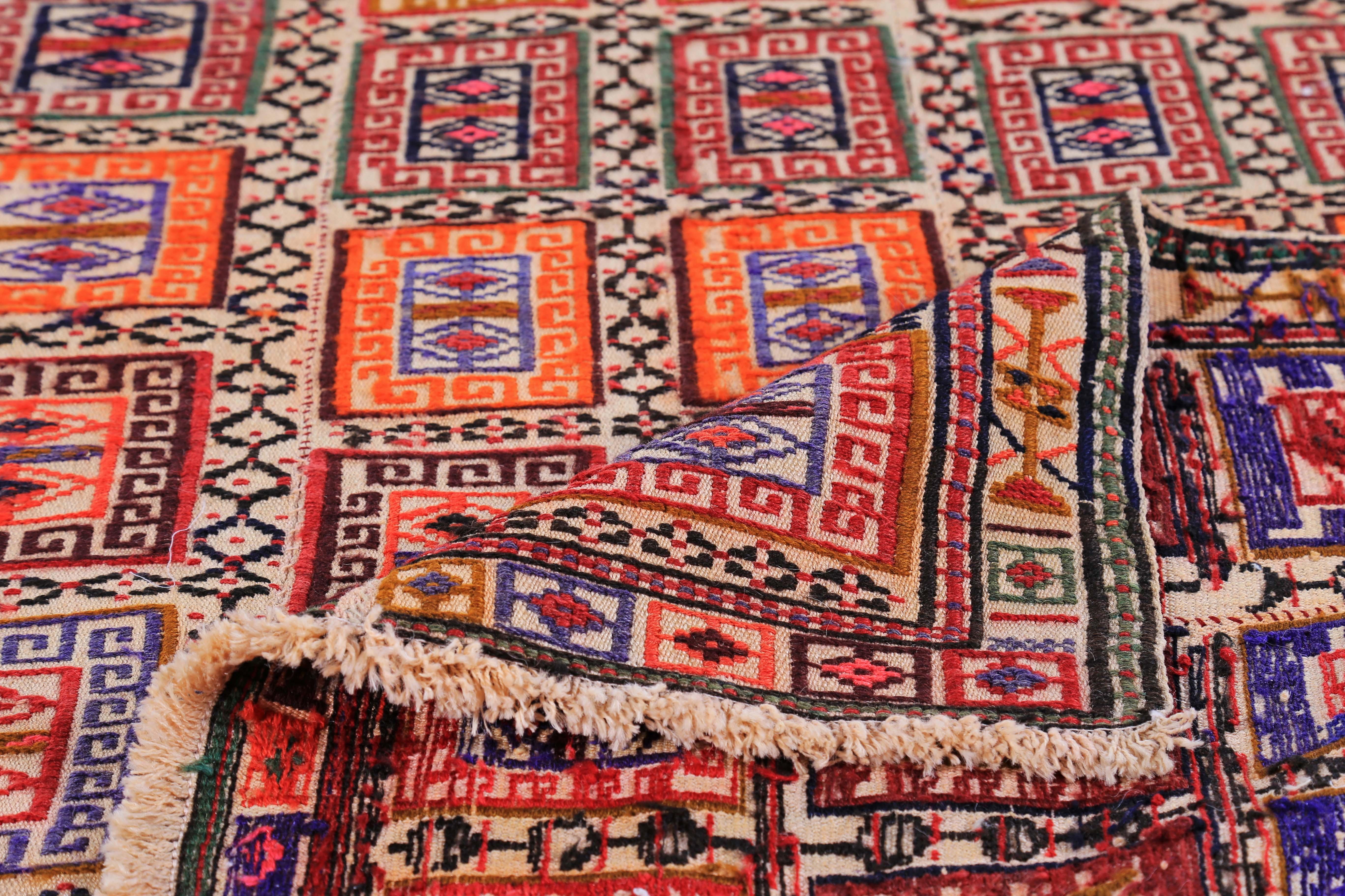Hand-Woven Modern Turkish Kilim Rug with Red, Blue and Orange Tribal Blocks on Beige Field For Sale