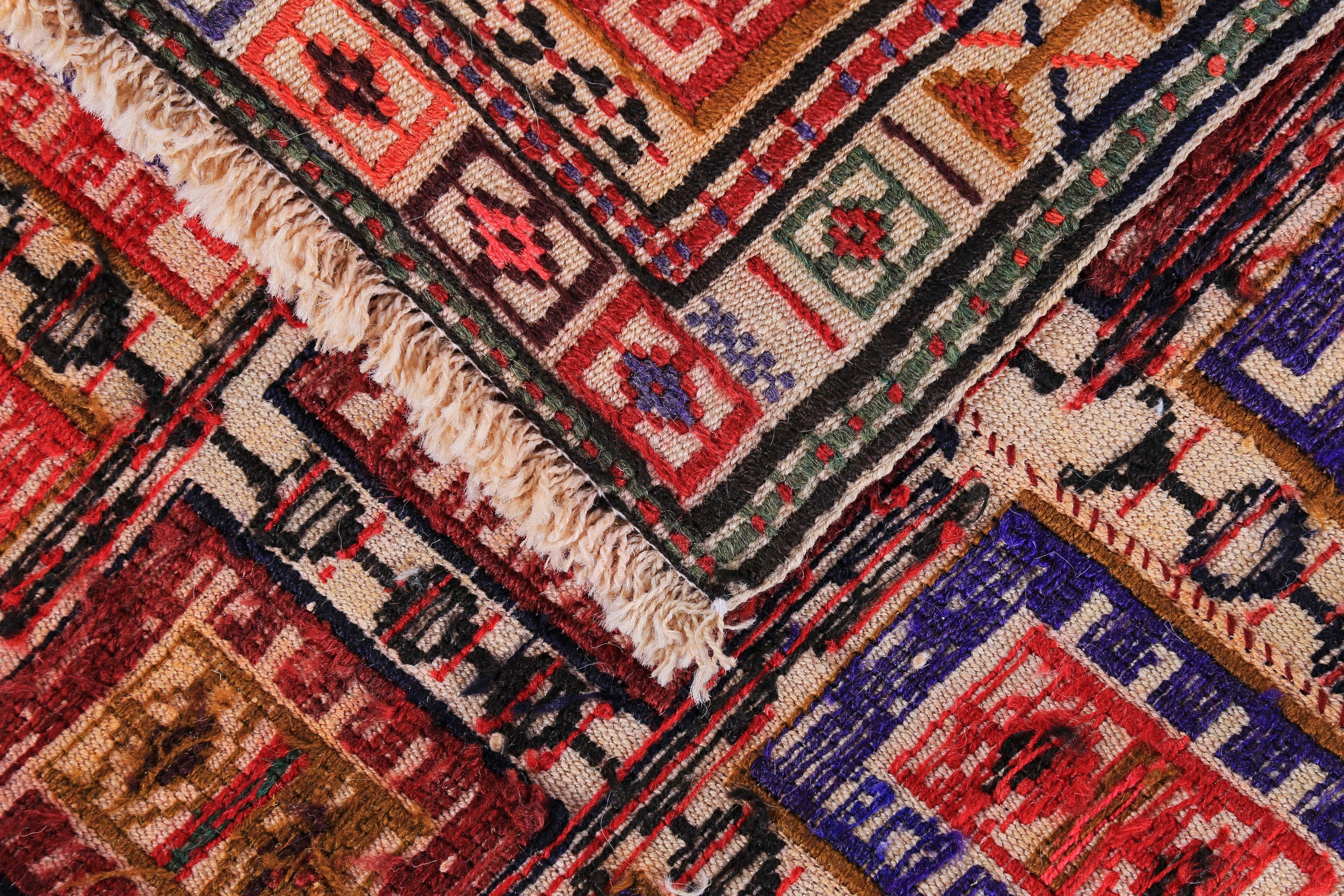 Modern Turkish Kilim Rug with Red, Blue and Orange Tribal Blocks on Beige Field In New Condition For Sale In Dallas, TX