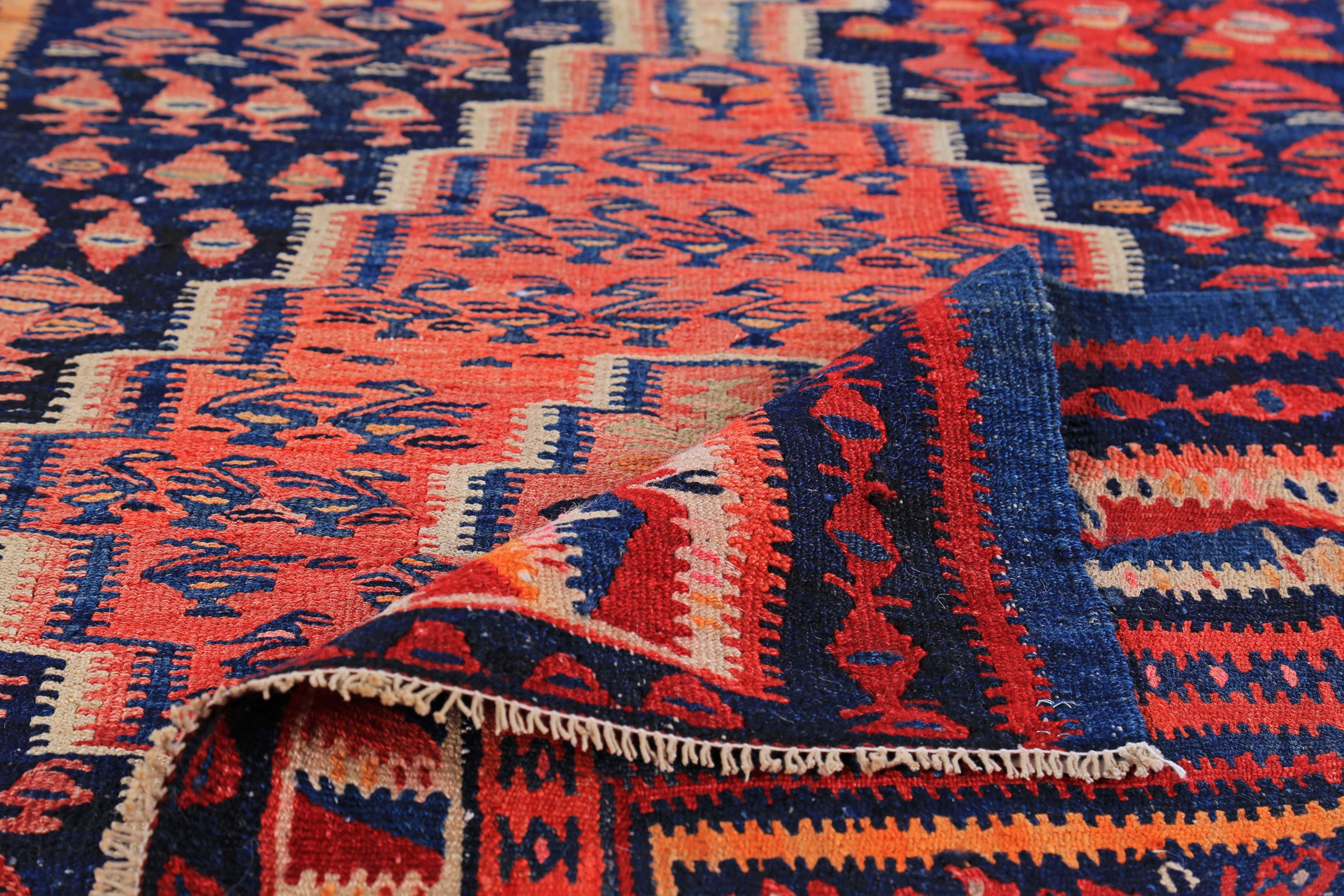 Hand-Woven Modern Turkish Kilim Rug with Red, Blue and Orange Tribal Stripes For Sale