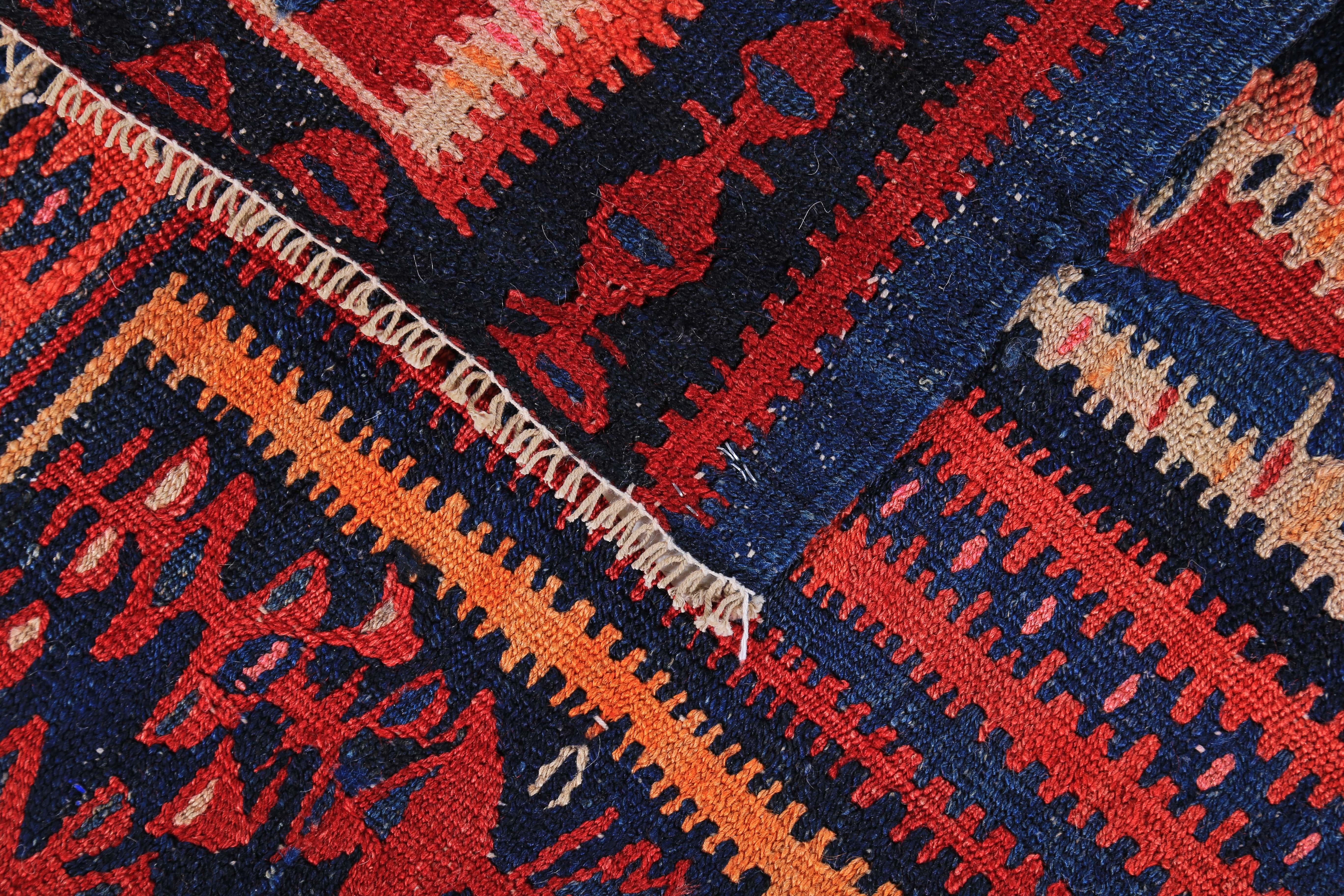 Modern Turkish Kilim Rug with Red, Blue and Orange Tribal Stripes In New Condition For Sale In Dallas, TX