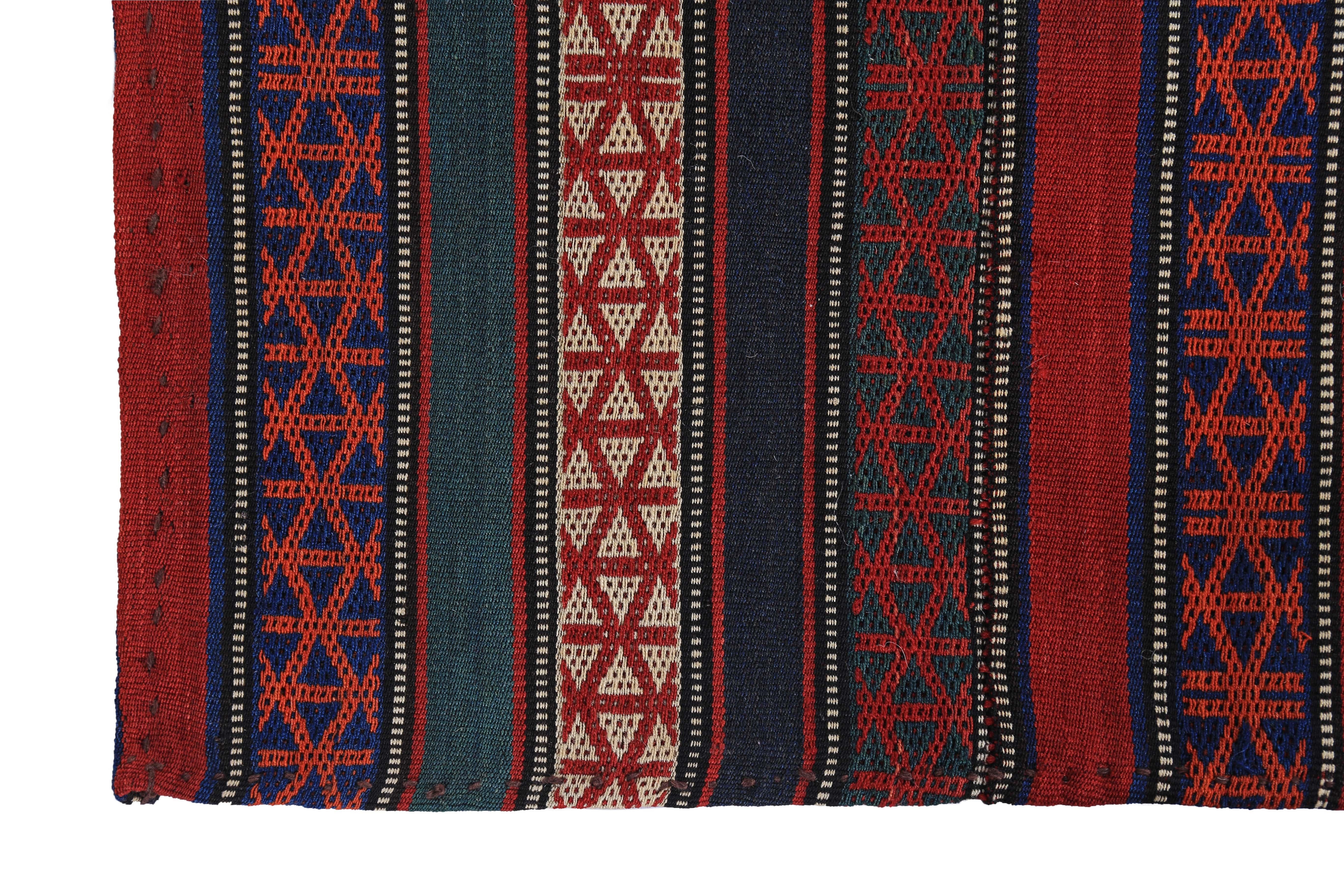 Hand-Woven Modern Turkish Kilim Rug with Red and Blue Stripes with Tribal Design For Sale