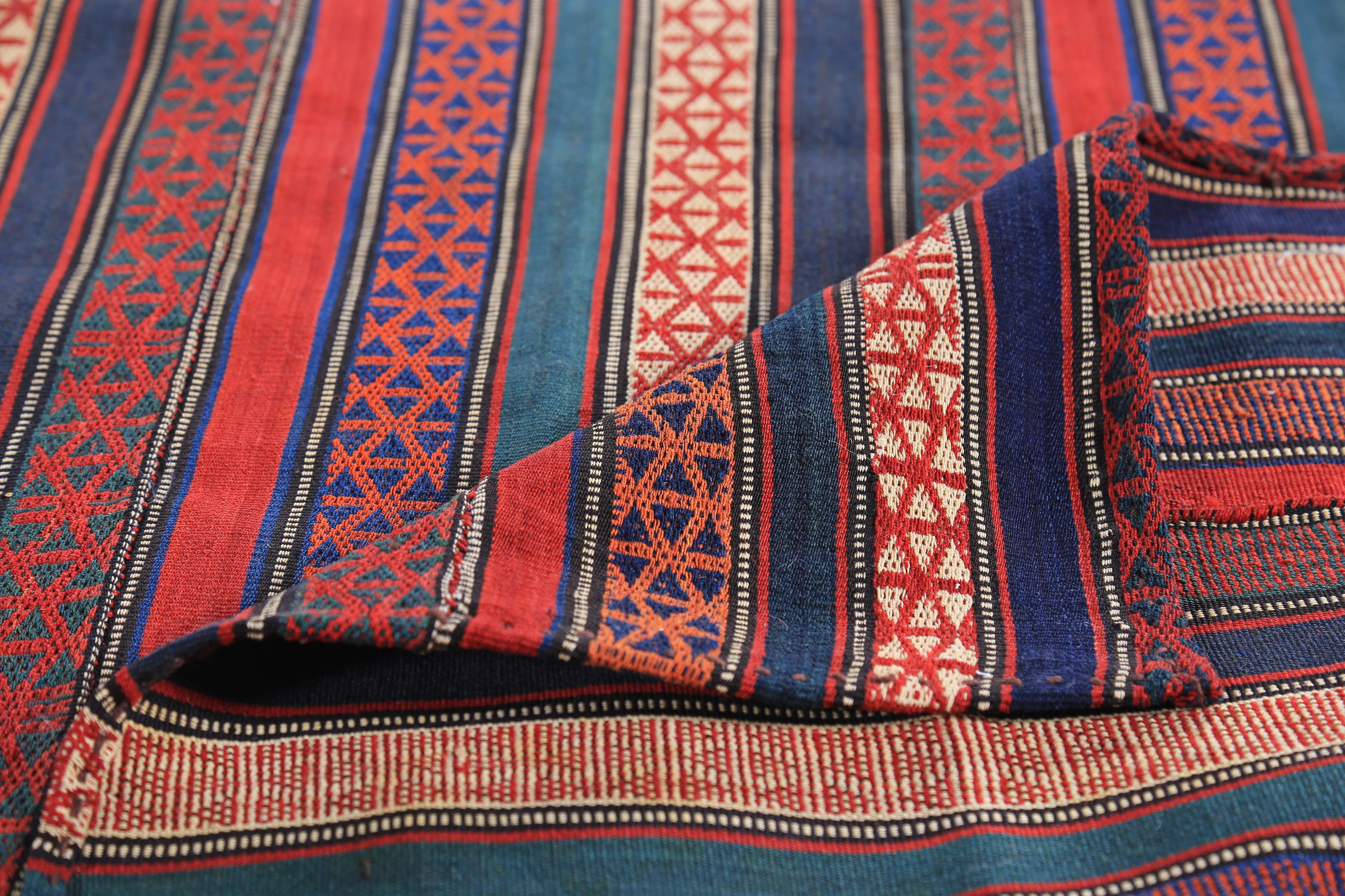 Modern Turkish Kilim Rug with Red and Blue Stripes with Tribal Design In New Condition For Sale In Dallas, TX