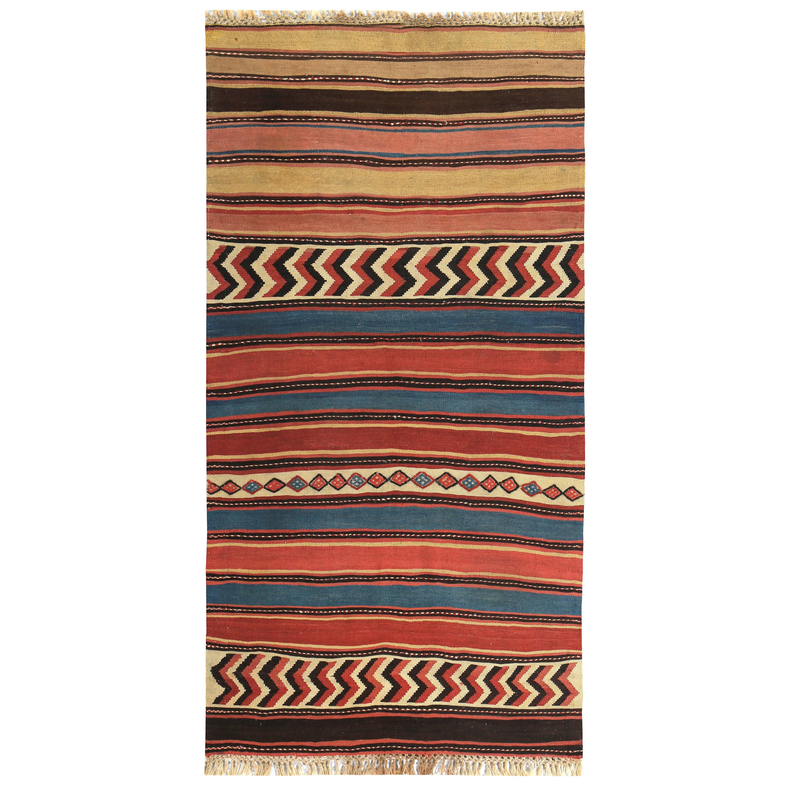 Modern Turkish Kilim Rug with Red and Blue Tribal Design on Beige Field