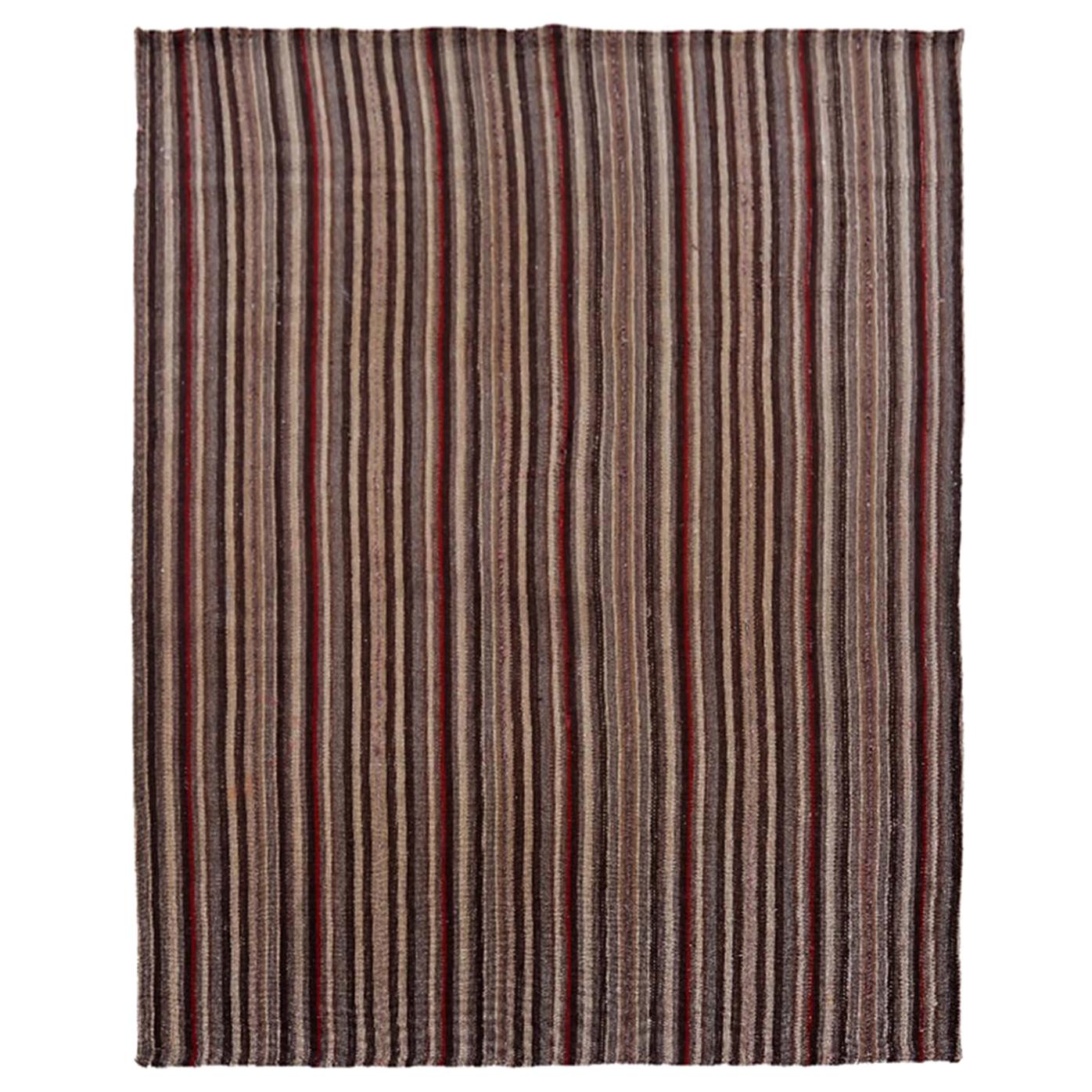 Modern Turkish Kilim Rug with Red, Brown and Beige Stripes For Sale