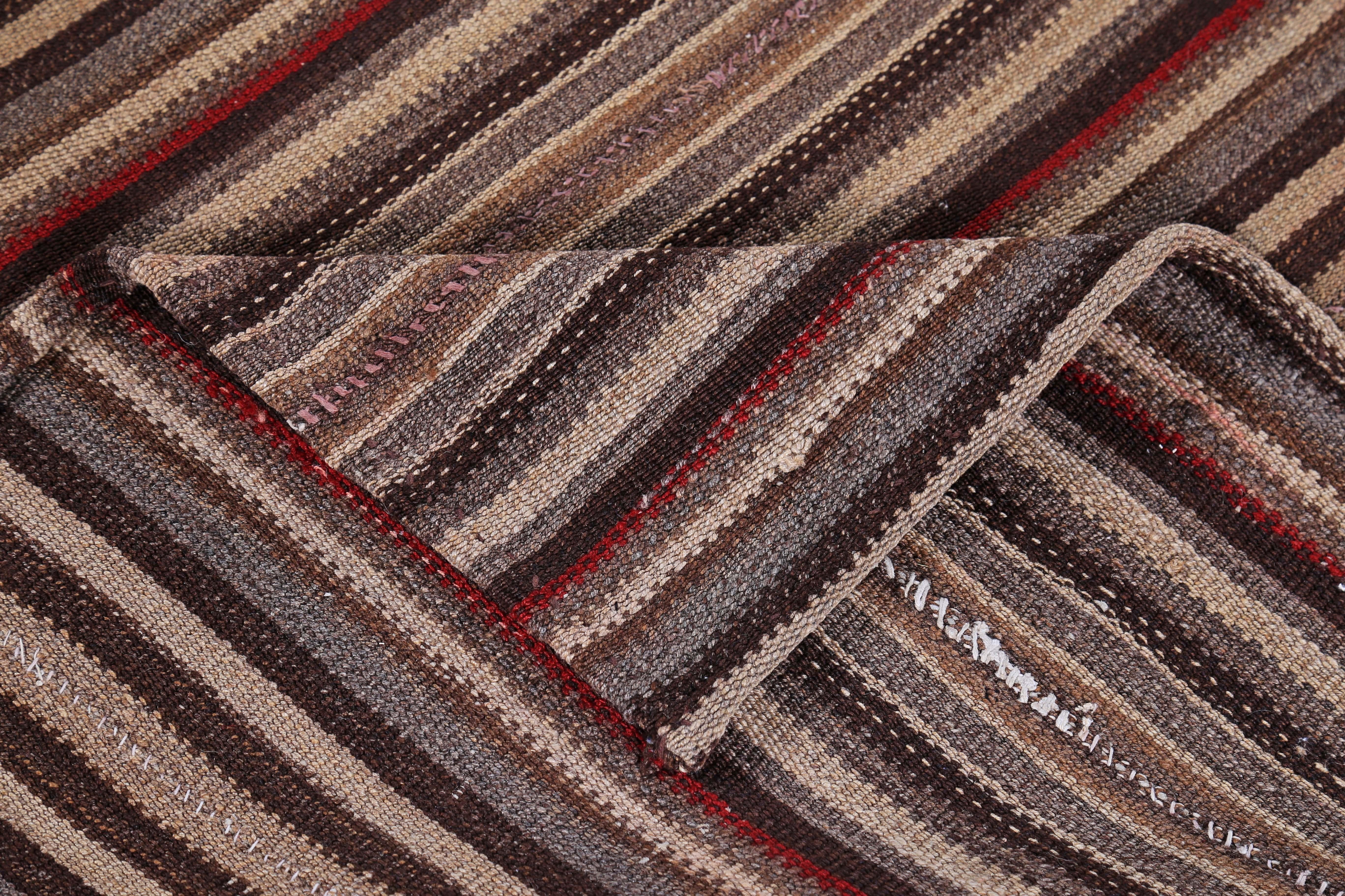 Wool Modern Turkish Kilim Rug with Red, Brown and Beige Stripes For Sale