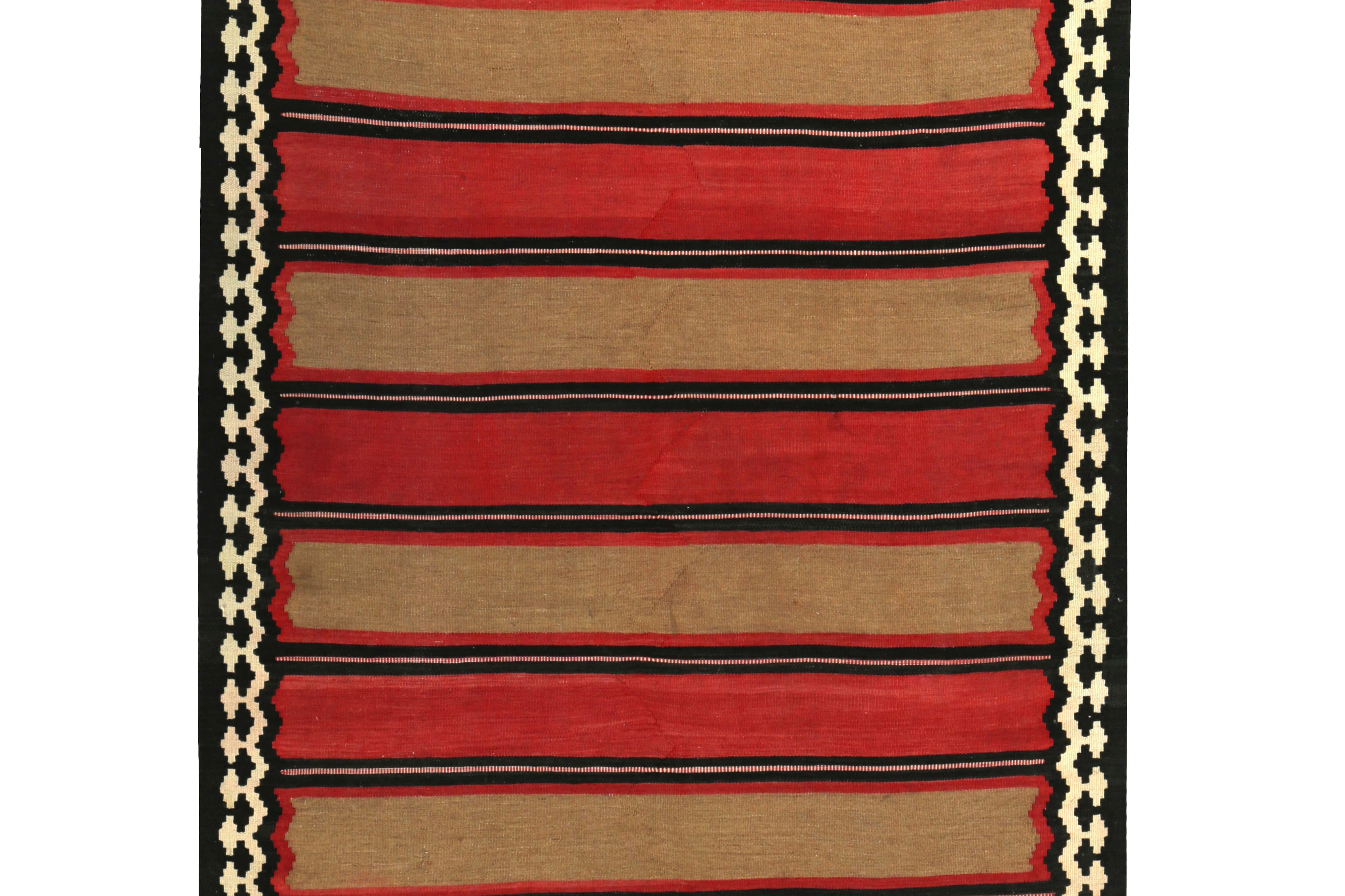 Hand-Woven Modern Turkish Kilim Rug with Red and Brown and Block Stripes in a Black Field For Sale