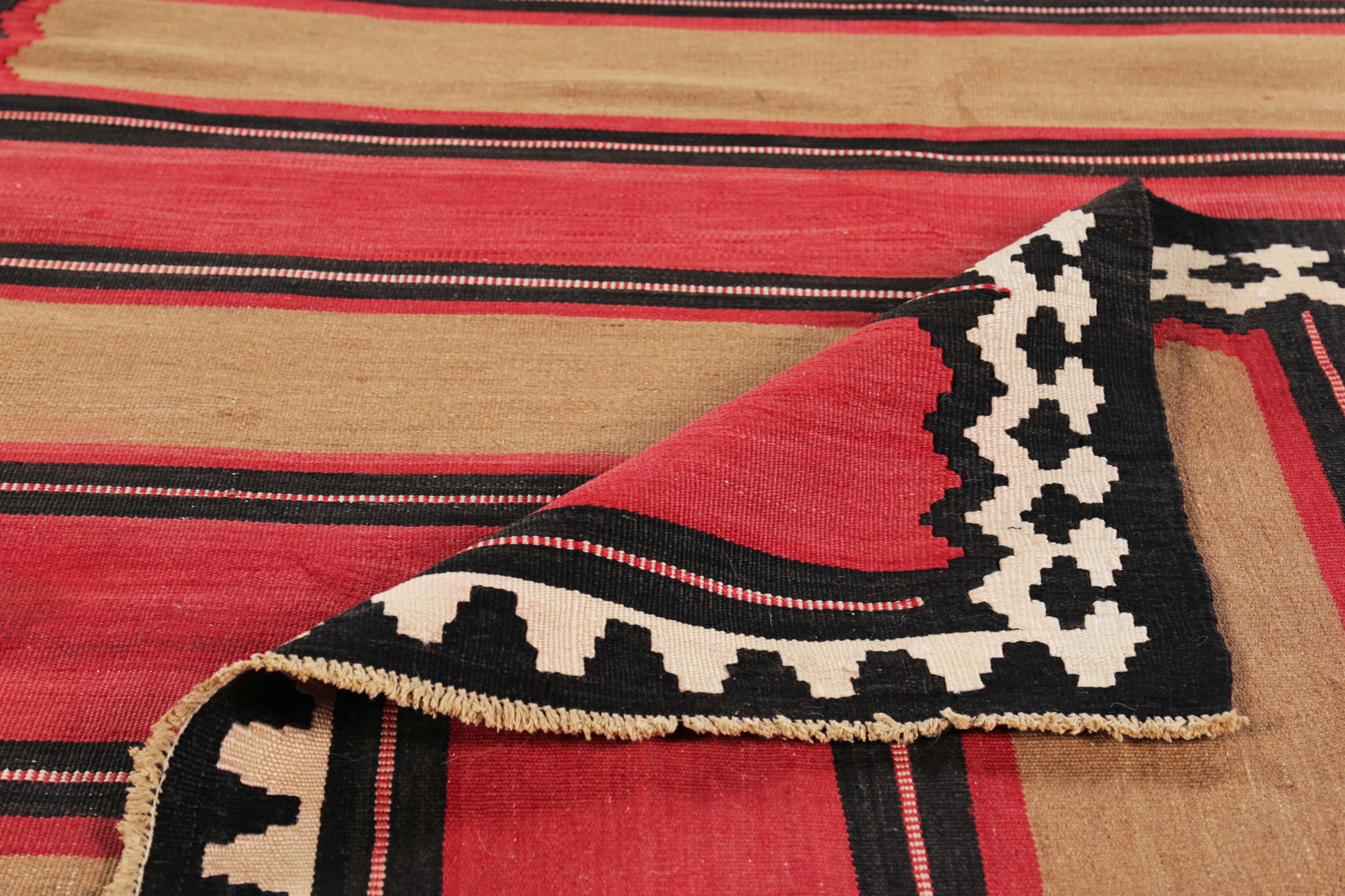 Contemporary Modern Turkish Kilim Rug with Red and Brown and Block Stripes in a Black Field For Sale