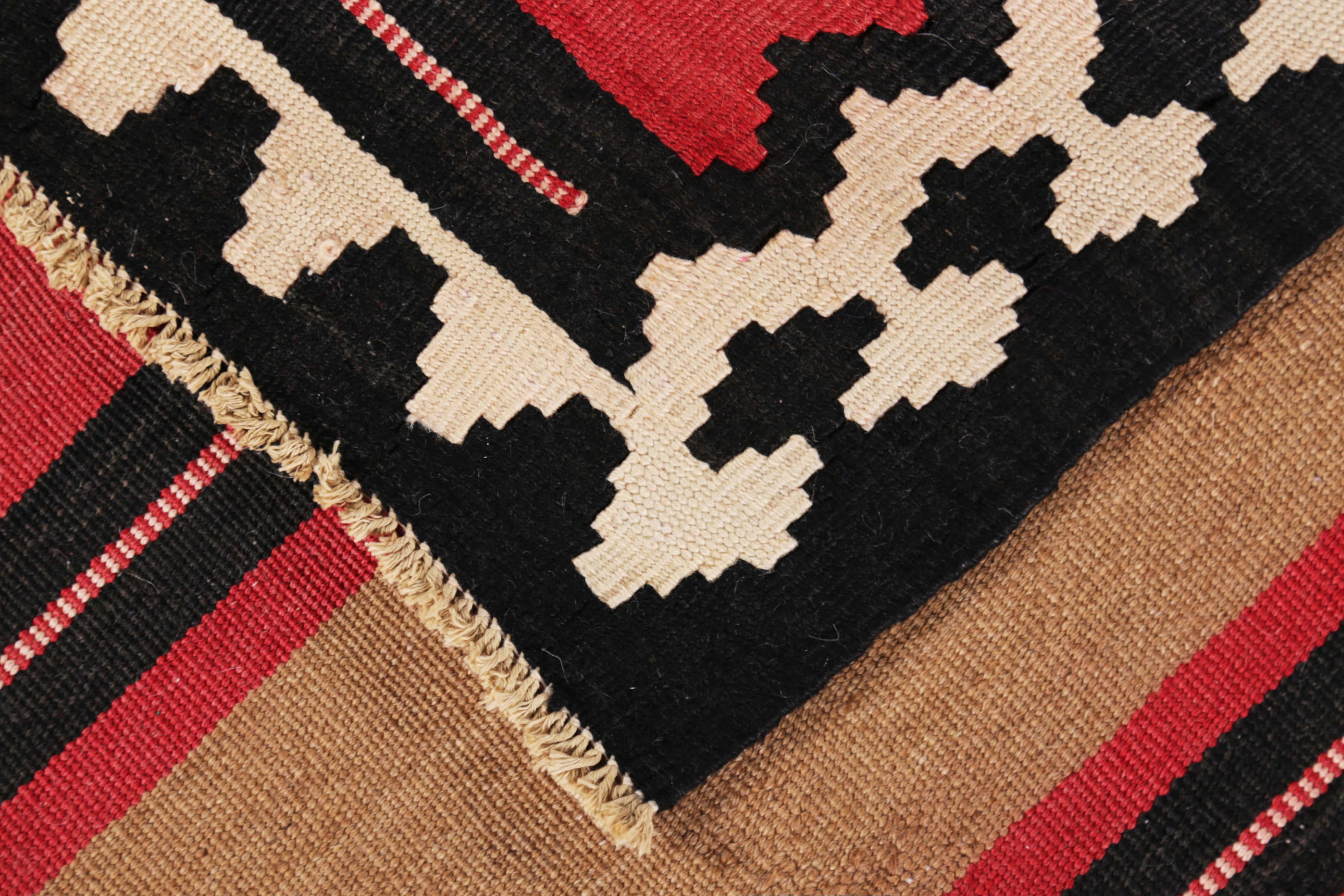 Wool Modern Turkish Kilim Rug with Red and Brown and Block Stripes in a Black Field For Sale