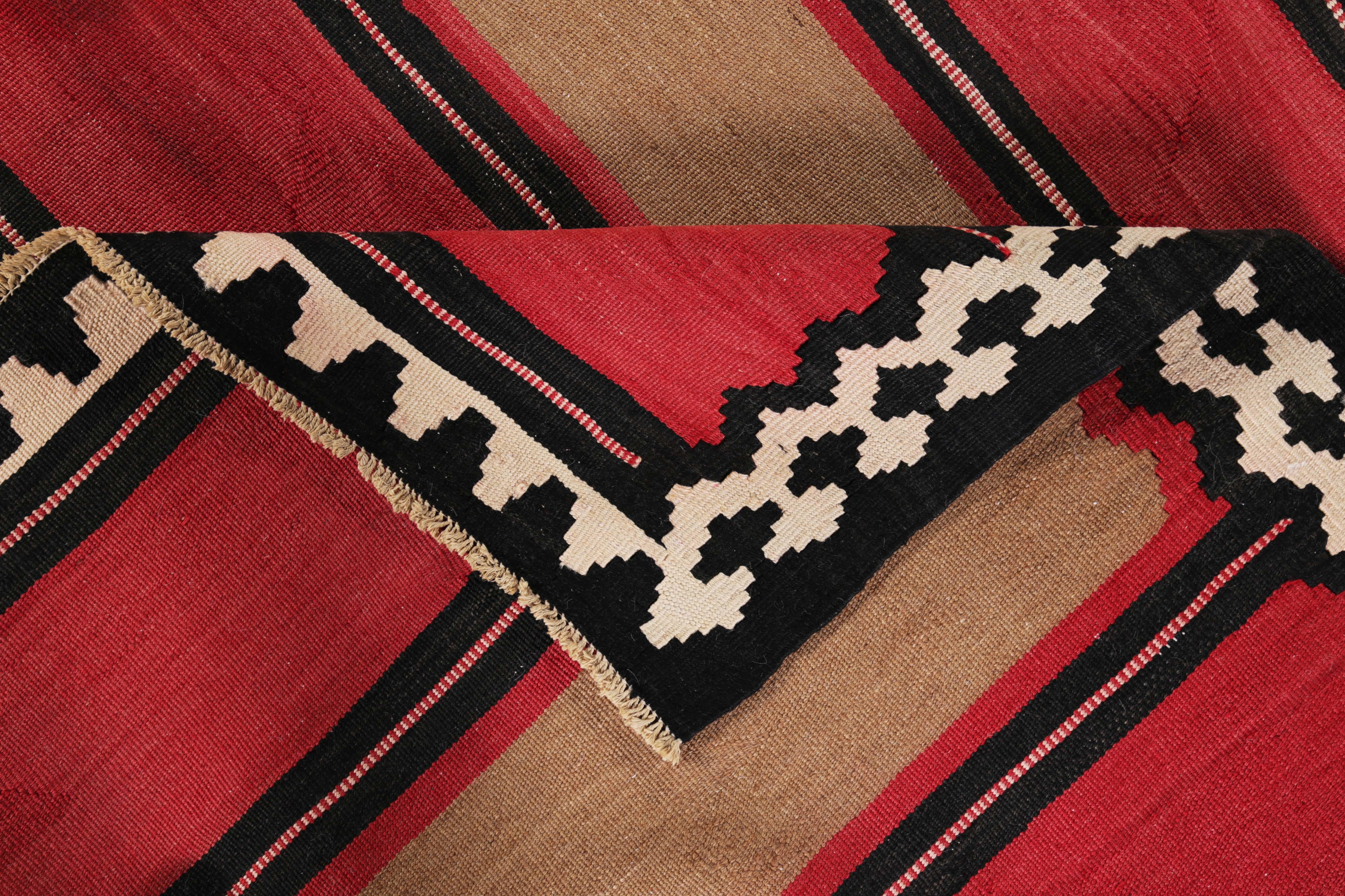 Modern Turkish Kilim Rug with Red and Brown and Block Stripes in a Black Field For Sale 1