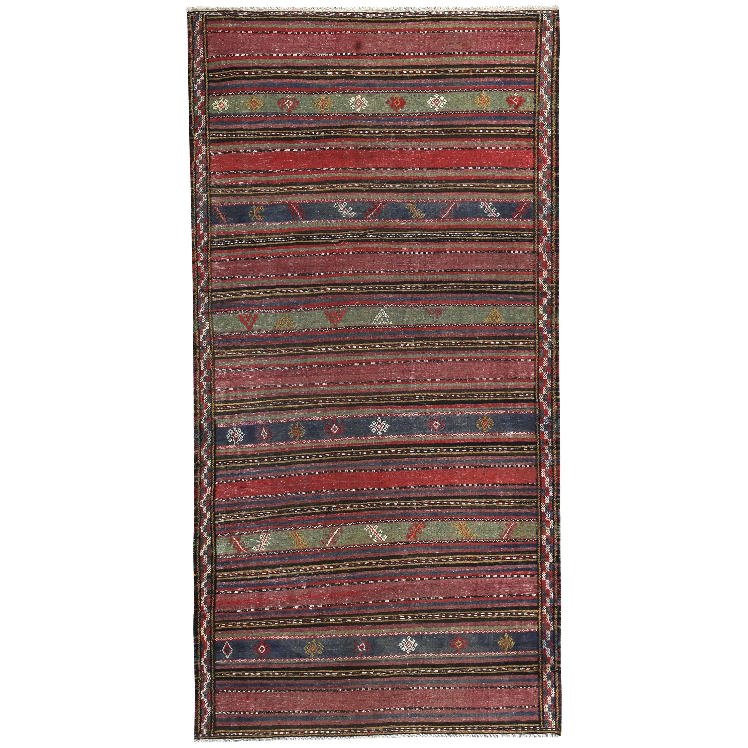 Modern Turkish Kilim Rug with Red, Green and Navy Stripes on Brown Field For Sale