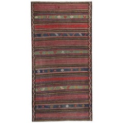 Modern Turkish Kilim Rug with Red, Green and Navy Stripes on Brown Field
