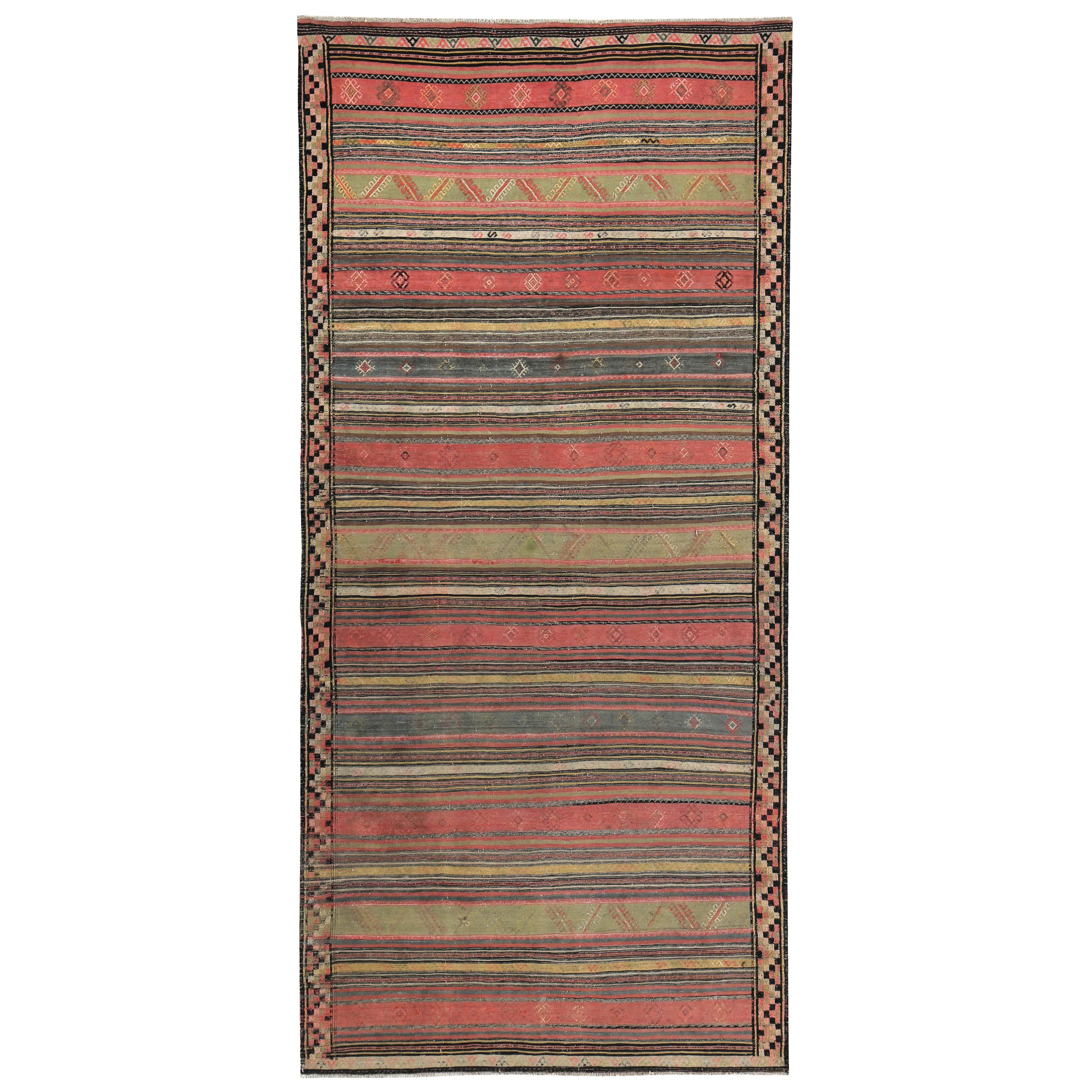 Modern Turkish Kilim Rug with Red, Green and Yellow Stripes