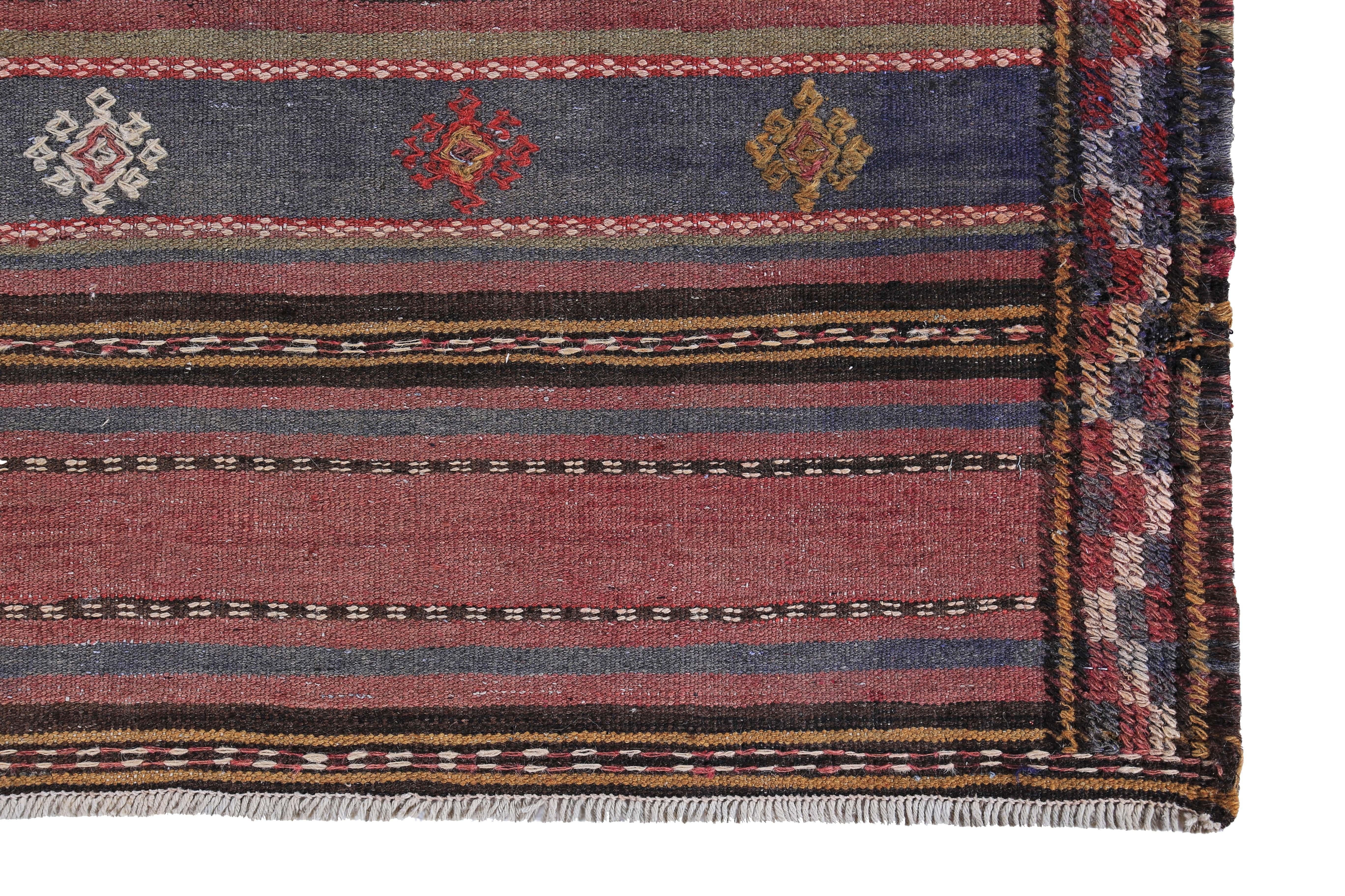 Hand-Woven Modern Turkish Kilim Rug with Red, Green and Navy Stripes on Brown Field For Sale
