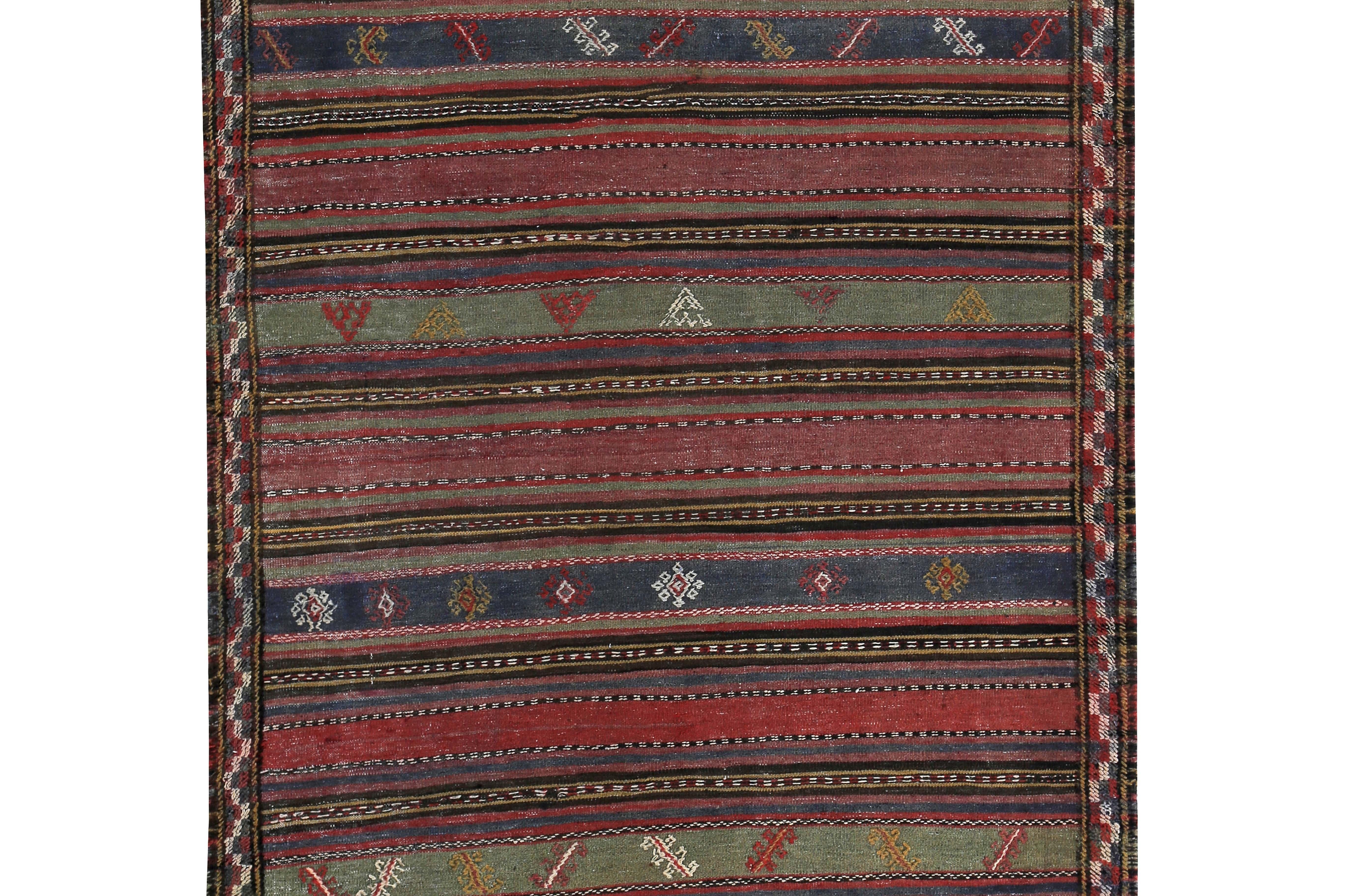 Modern Turkish Kilim Rug with Red, Green and Navy Stripes on Brown Field In New Condition For Sale In Dallas, TX