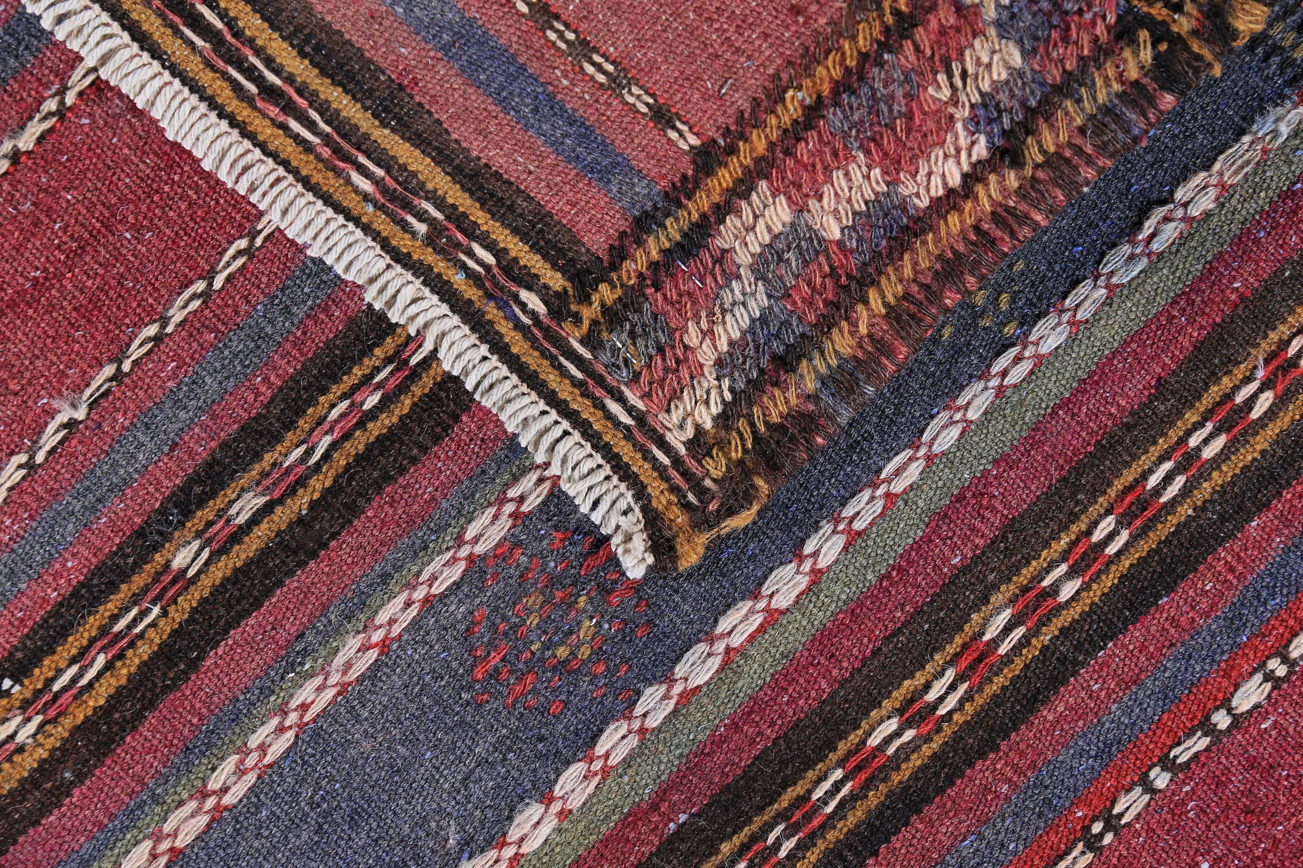 Contemporary Modern Turkish Kilim Rug with Red, Green and Navy Stripes on Brown Field For Sale