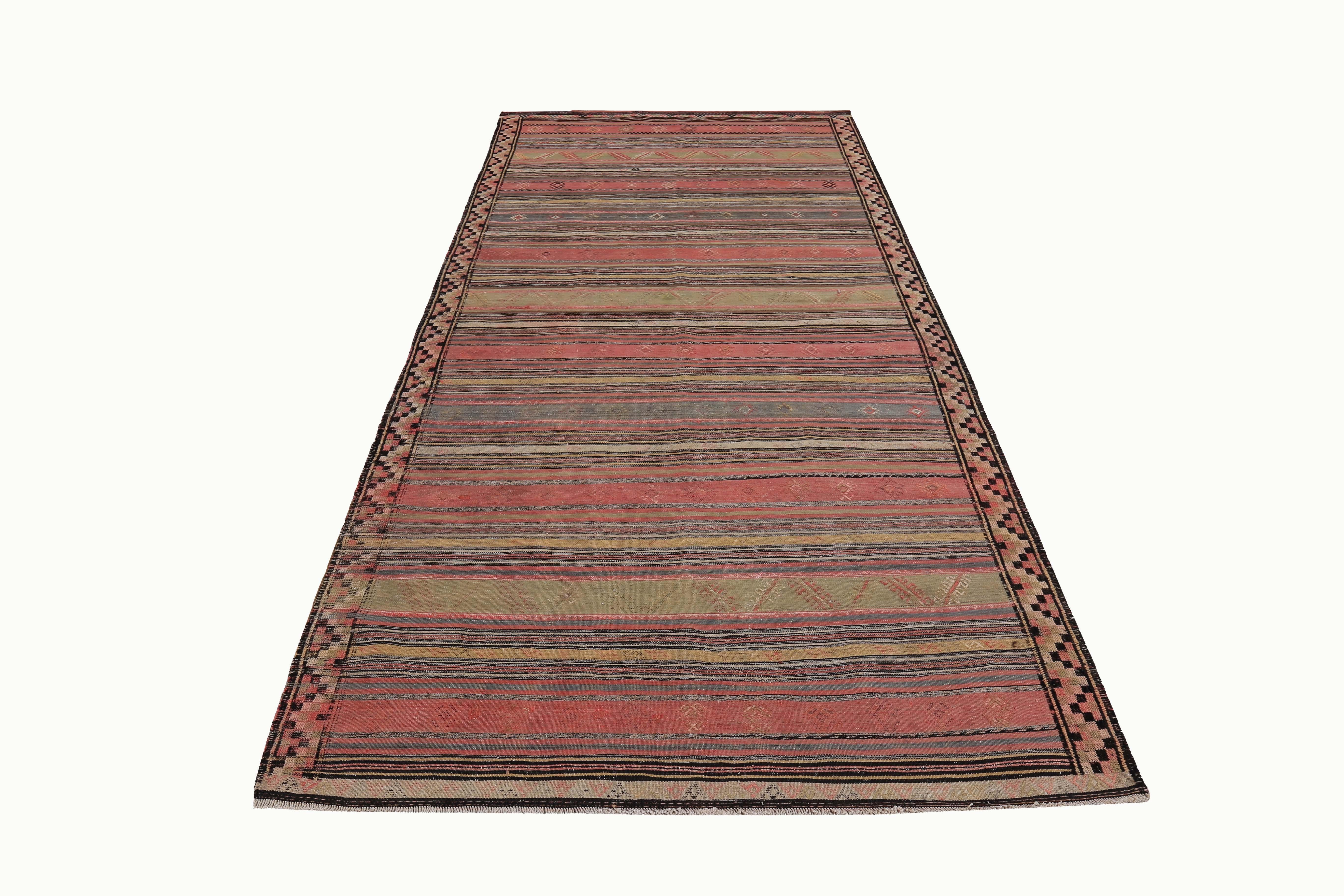 Turkish rug handwoven from the finest sheep’s wool and colored with all-natural vegetable dyes that are safe for humans and pets. It’s a traditional Kilim flat-weave design featuring red, green and yellow stripes. It’s a stunning piece to get for