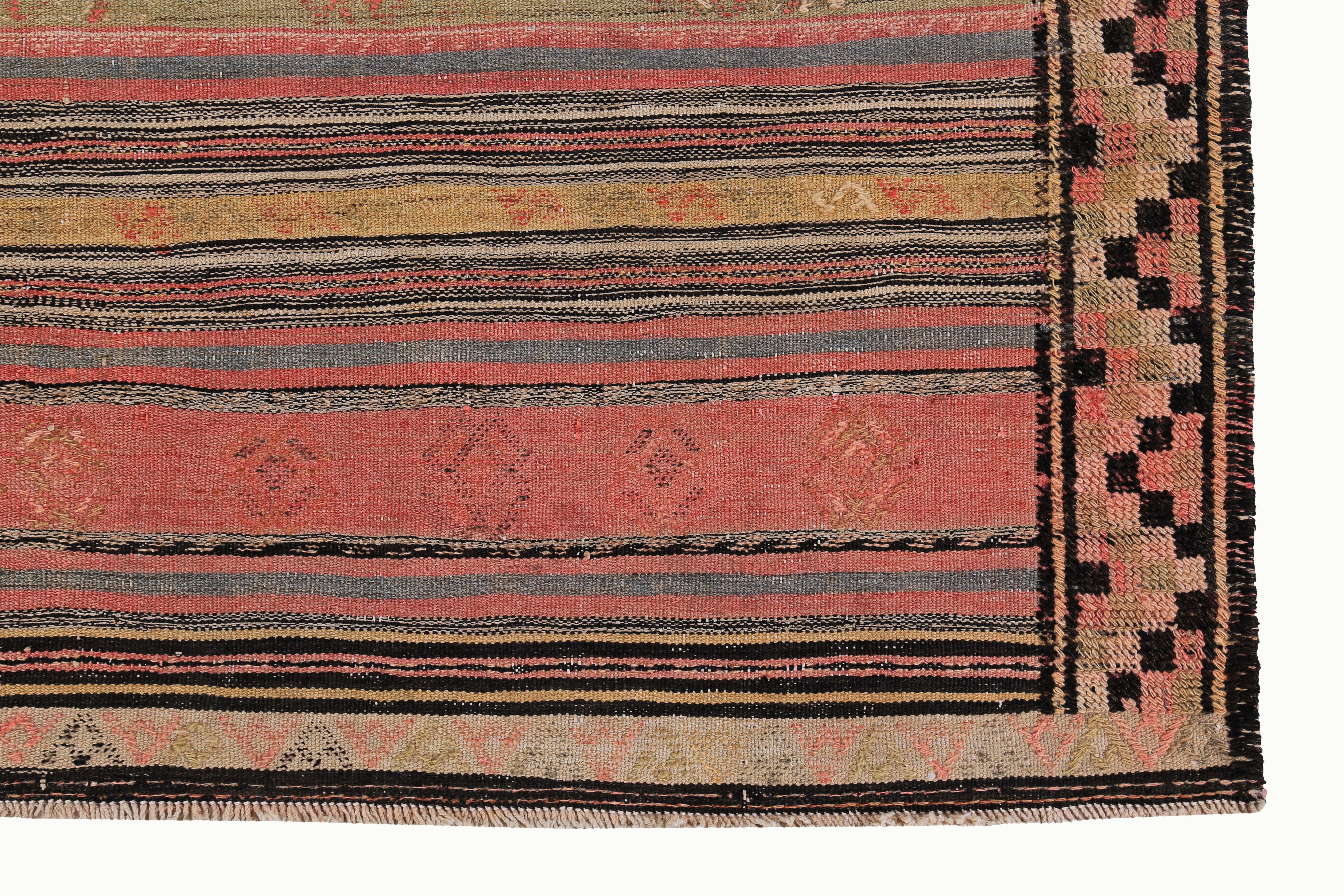 Hand-Woven Modern Turkish Kilim Rug with Red, Green and Yellow Stripes For Sale