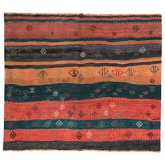 Modern Turkish Kilim Rug with Red, Orange and Green Stripes with Tribal Design