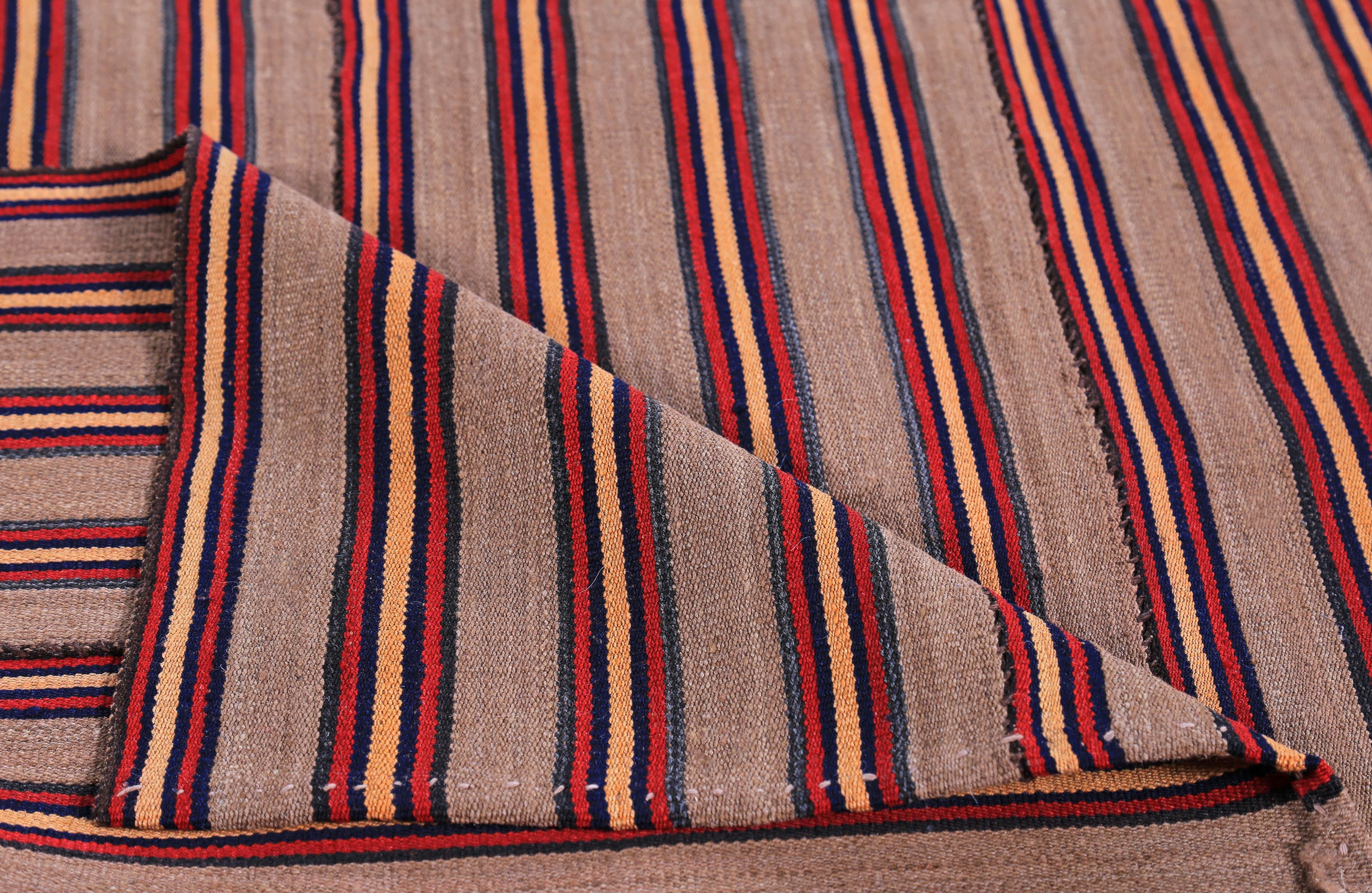 Hand-Woven Modern Turkish Kilim Rug with Red, Orange & Black Pencil Stripes in Beige Field For Sale